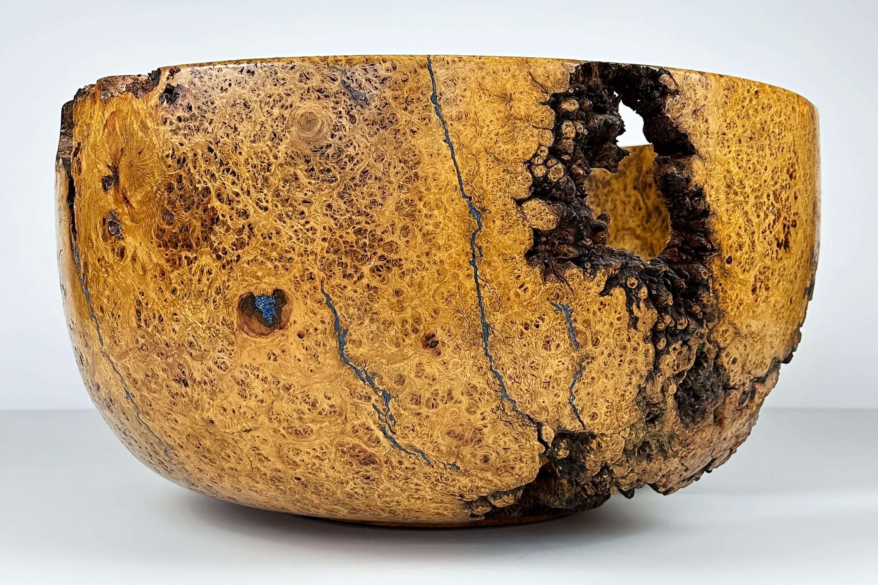 Hand-Carved Massive Turned Mesquite Burl Wood Centerpiece Bowl Inlaid with Azurite