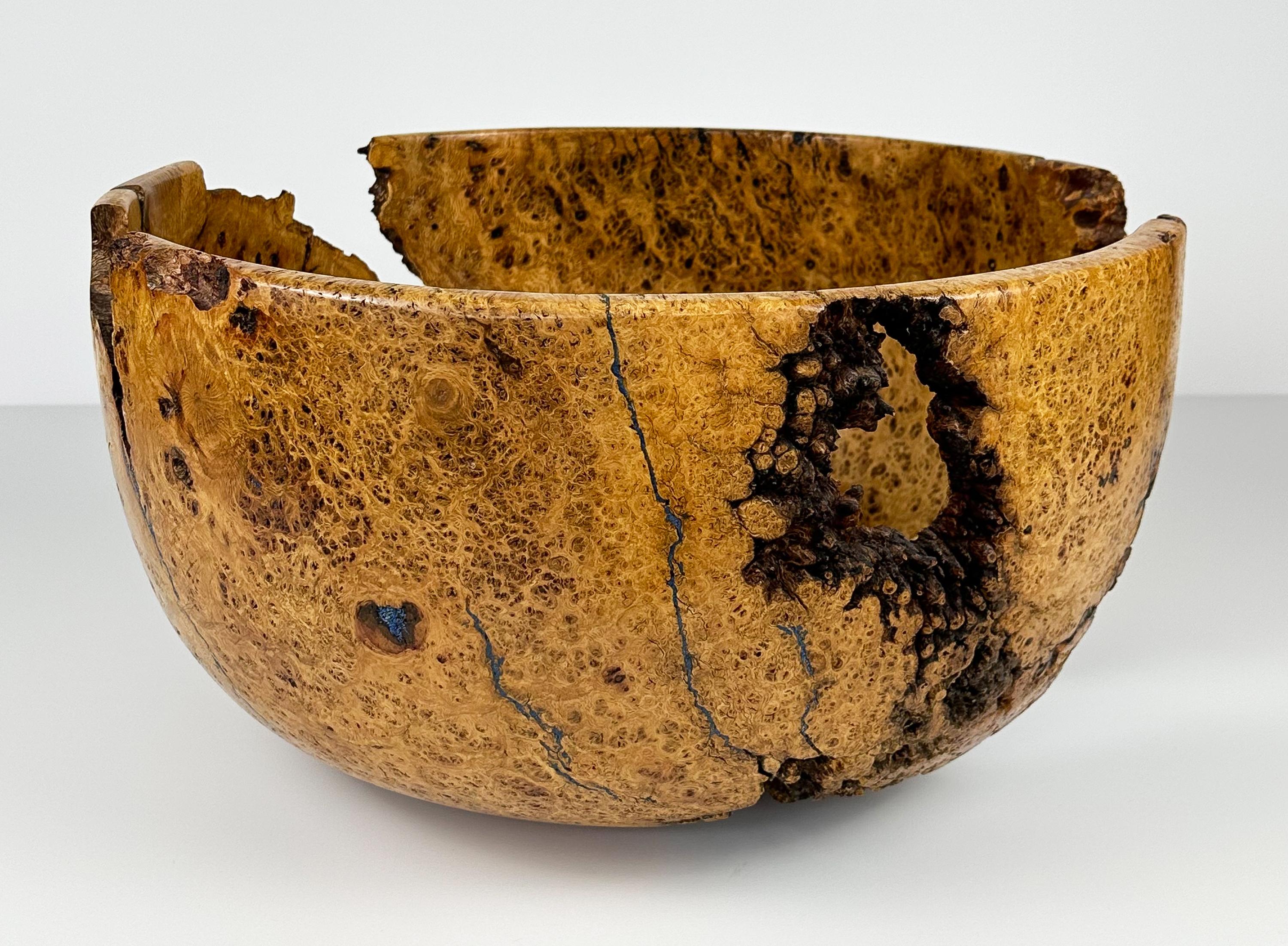 Massive Turned Mesquite Burl Wood Centerpiece Bowl Inlaid with Azurite In Excellent Condition In Chicago, IL