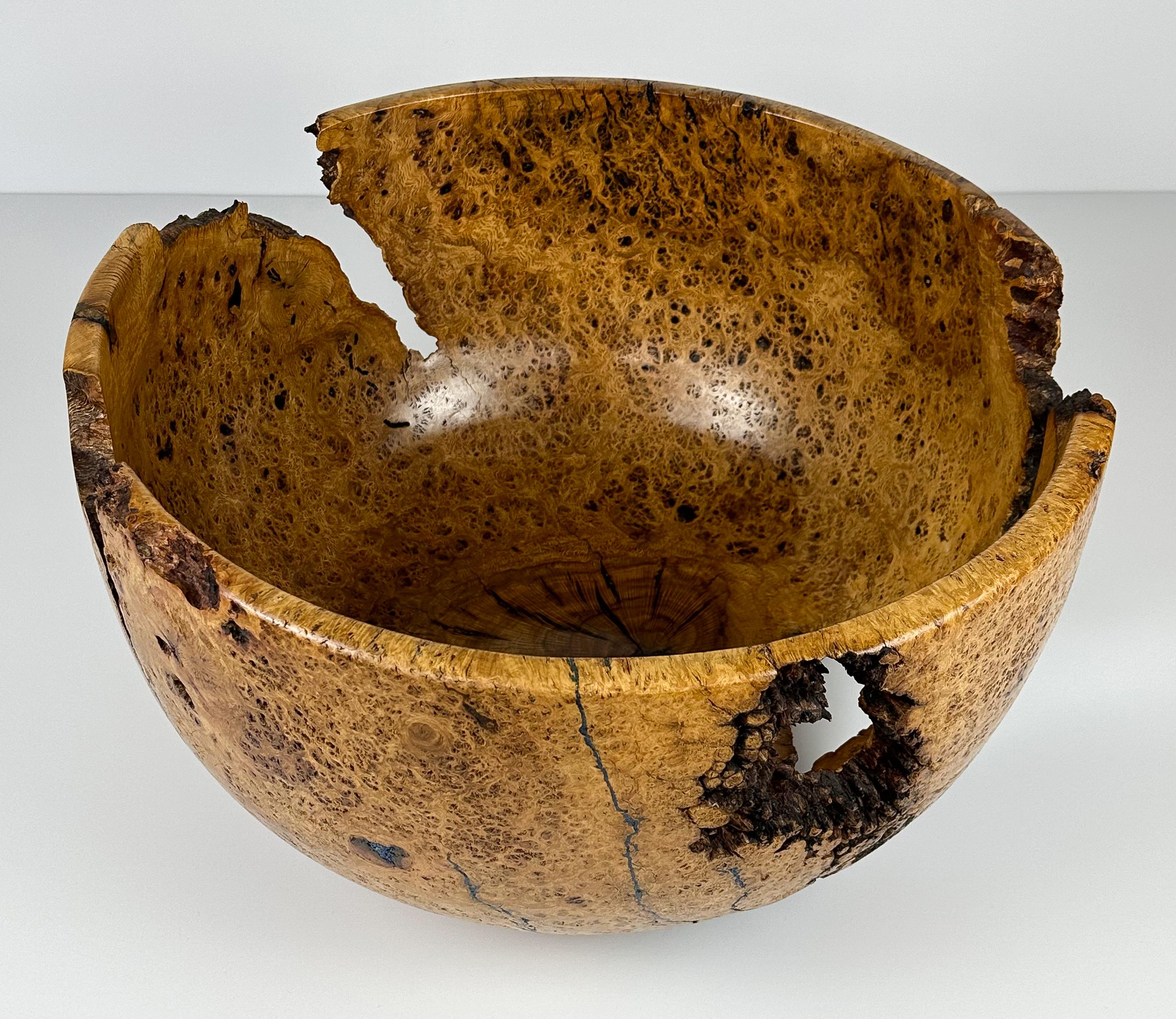 Contemporary Massive Turned Mesquite Burl Wood Centerpiece Bowl Inlaid with Azurite