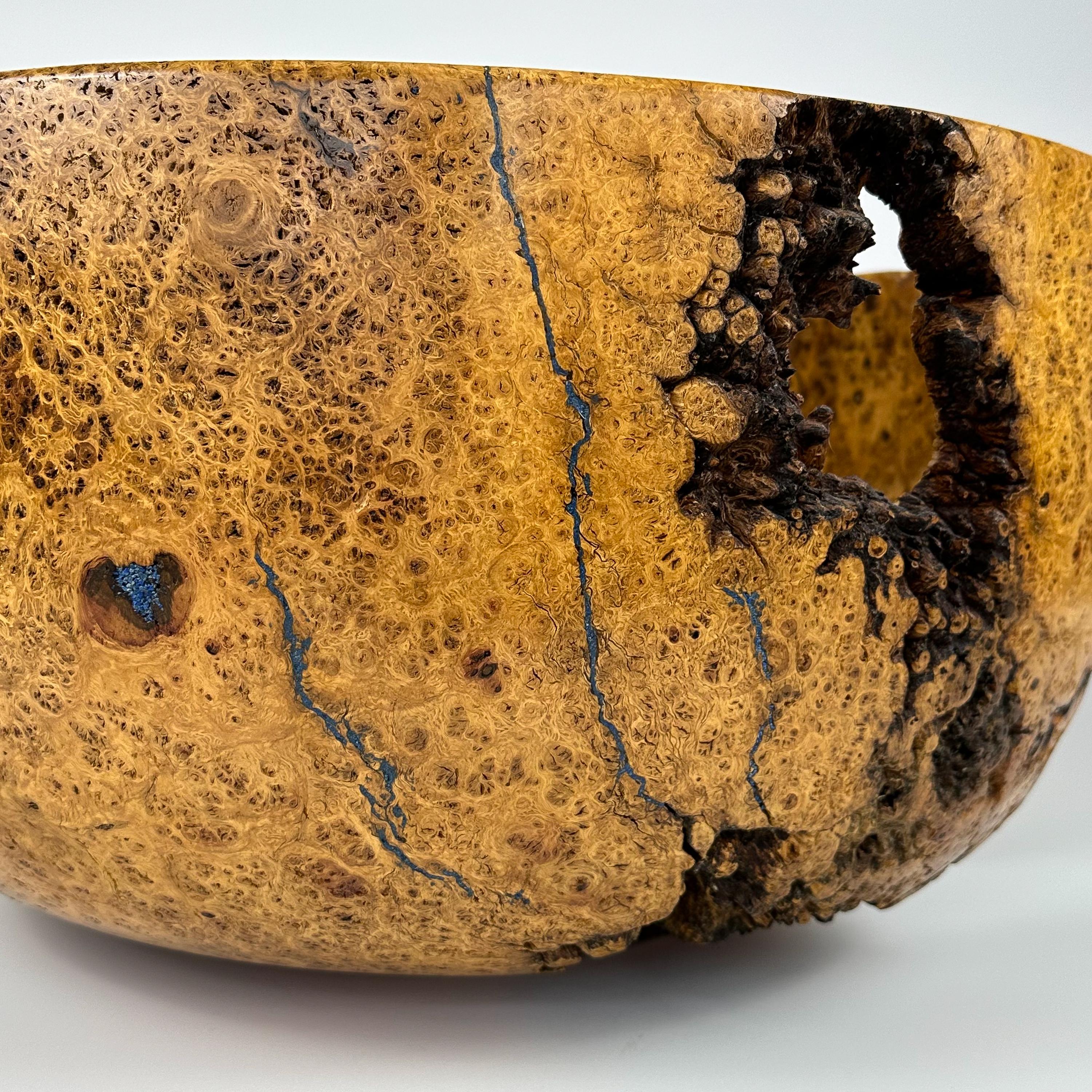 Precious Stone Massive Turned Mesquite Burl Wood Centerpiece Bowl Inlaid with Azurite