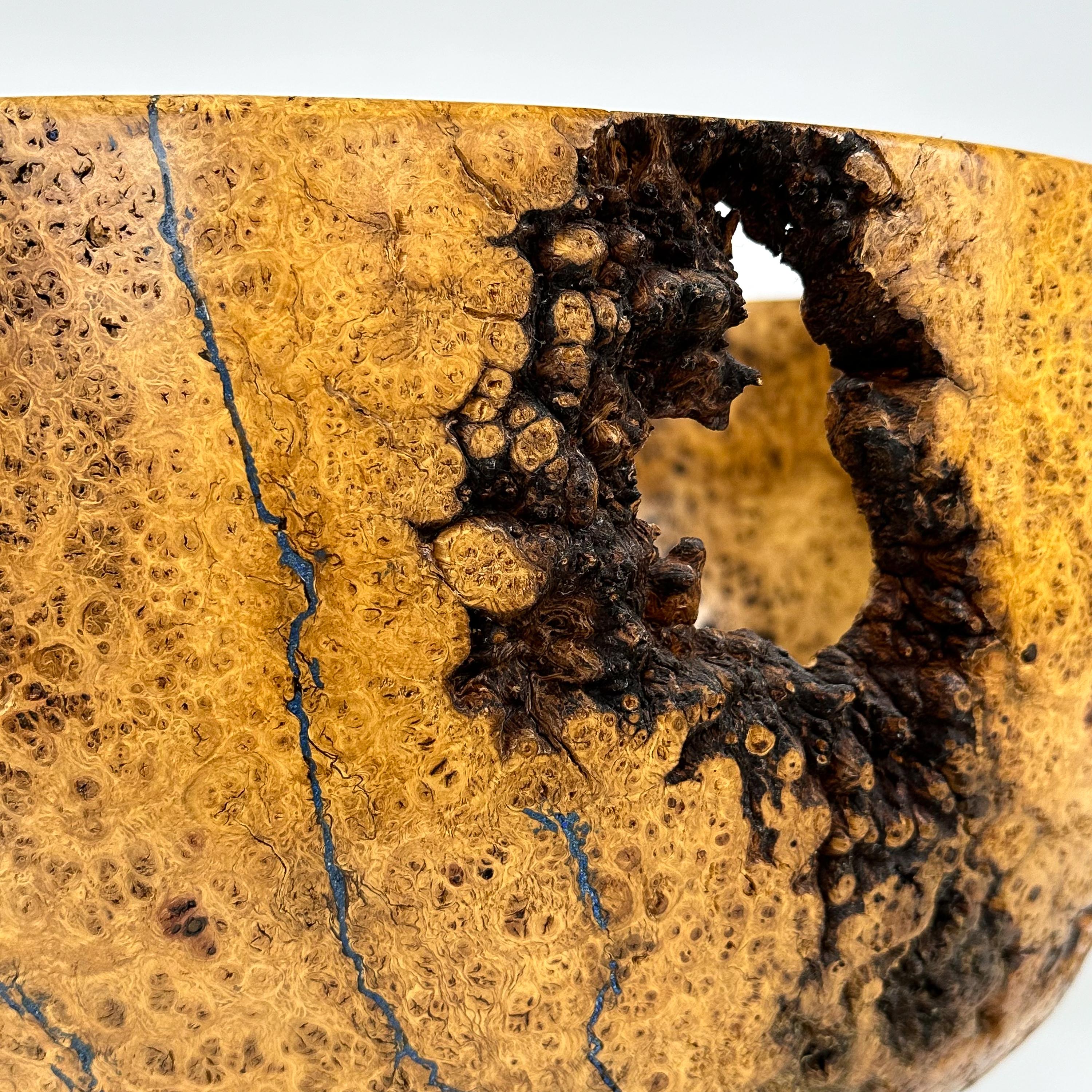 Massive Turned Mesquite Burl Wood Centerpiece Bowl Inlaid with Azurite 1