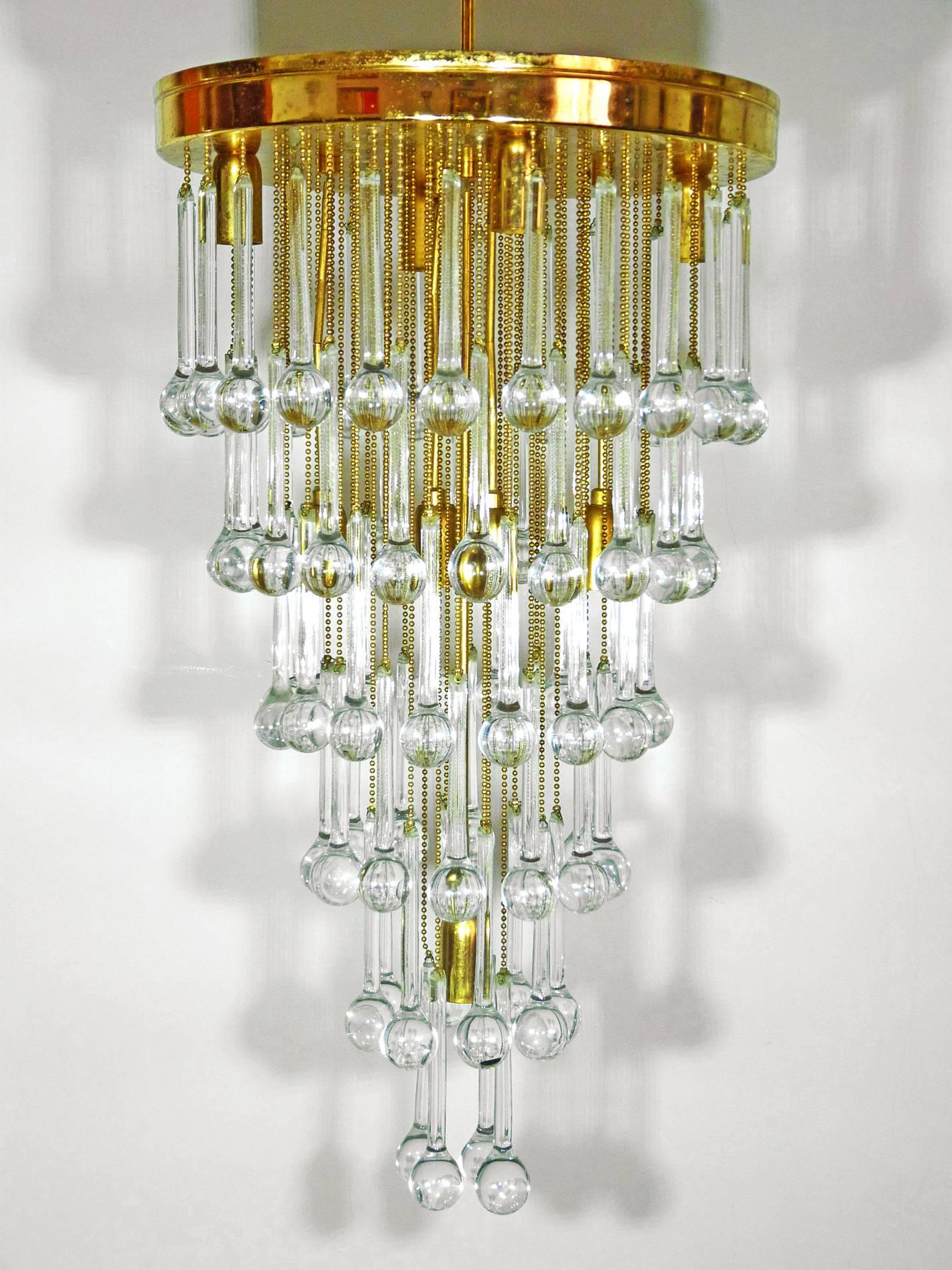 Late 20th Century Massive Murano Crystal Glass Drop Waterfall & Gilt Brass Venini Style Chandelier For Sale