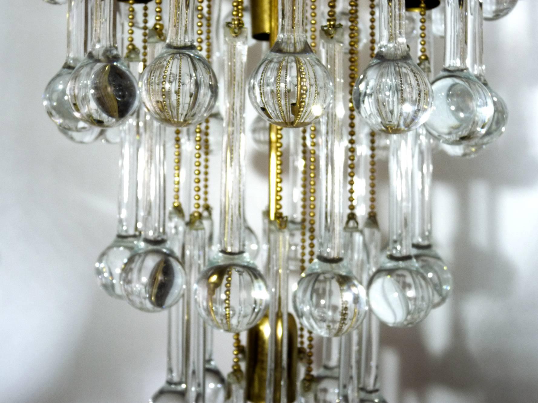 Massive Murano Crystal Glass Drop Waterfall & Gilt Brass Venini Style Chandelier For Sale 1