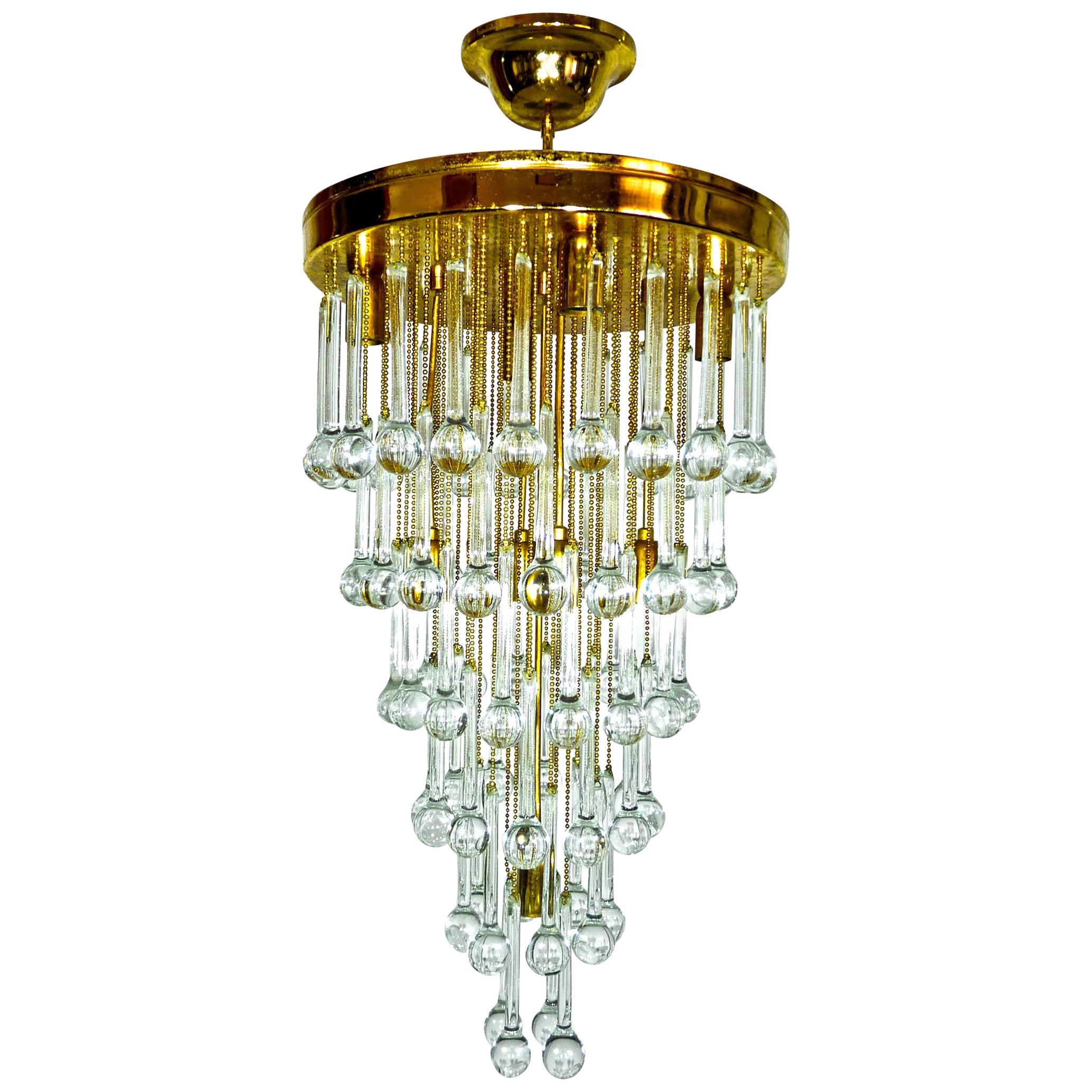 Massive Murano Crystal Glass Drop Waterfall & Gilt Brass Venini Style Chandelier