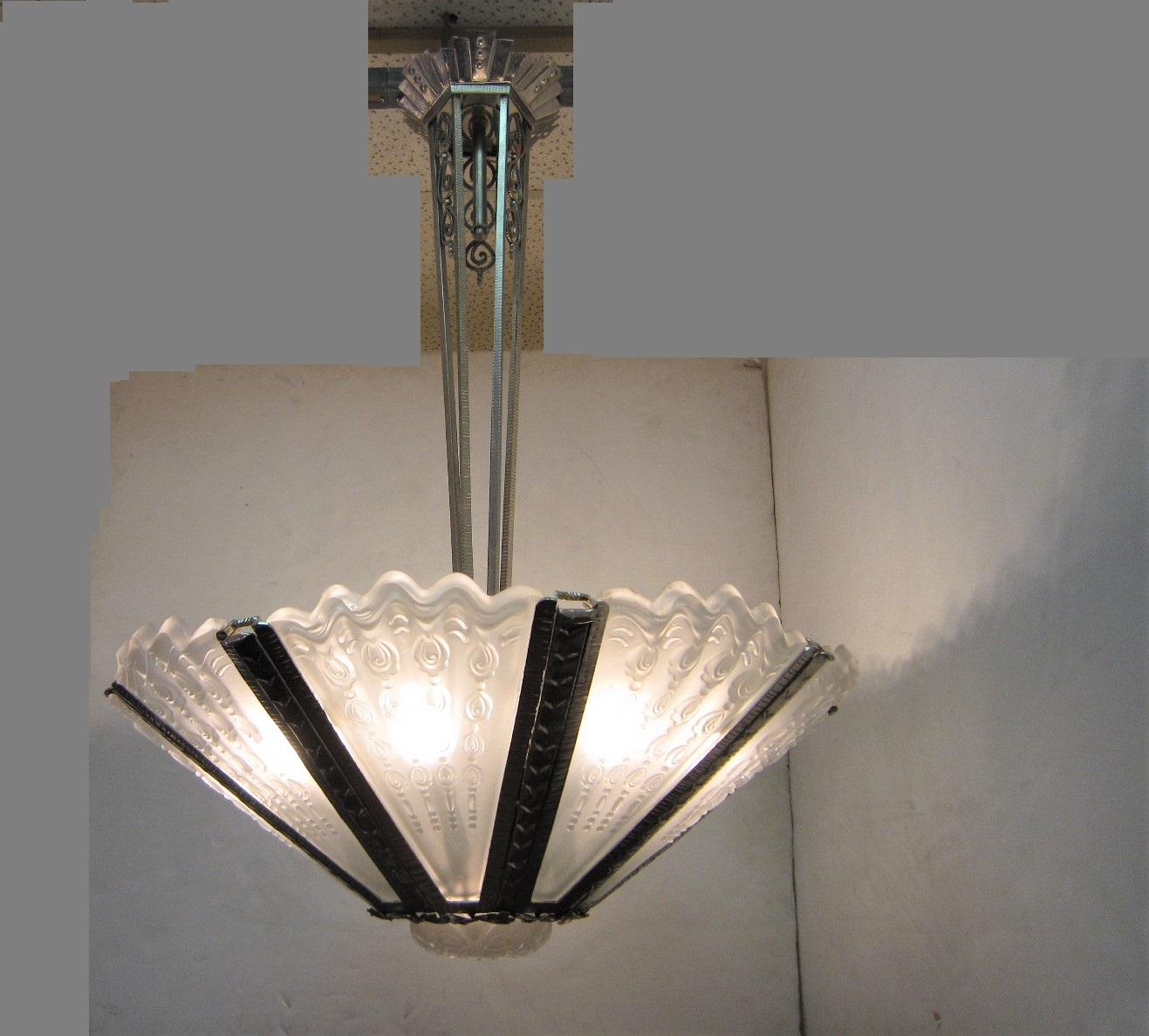 Massive Verrerie Belge Art Deco Frosted Glass Chandelier, Stamped F. Carion For Sale 3