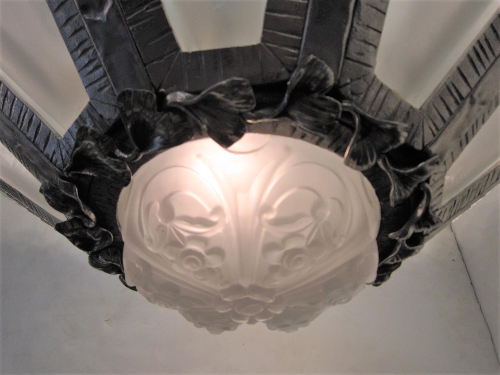 Massive Verrerie Belge Art Deco Frosted Glass Chandelier, Stamped F. Carion For Sale 4