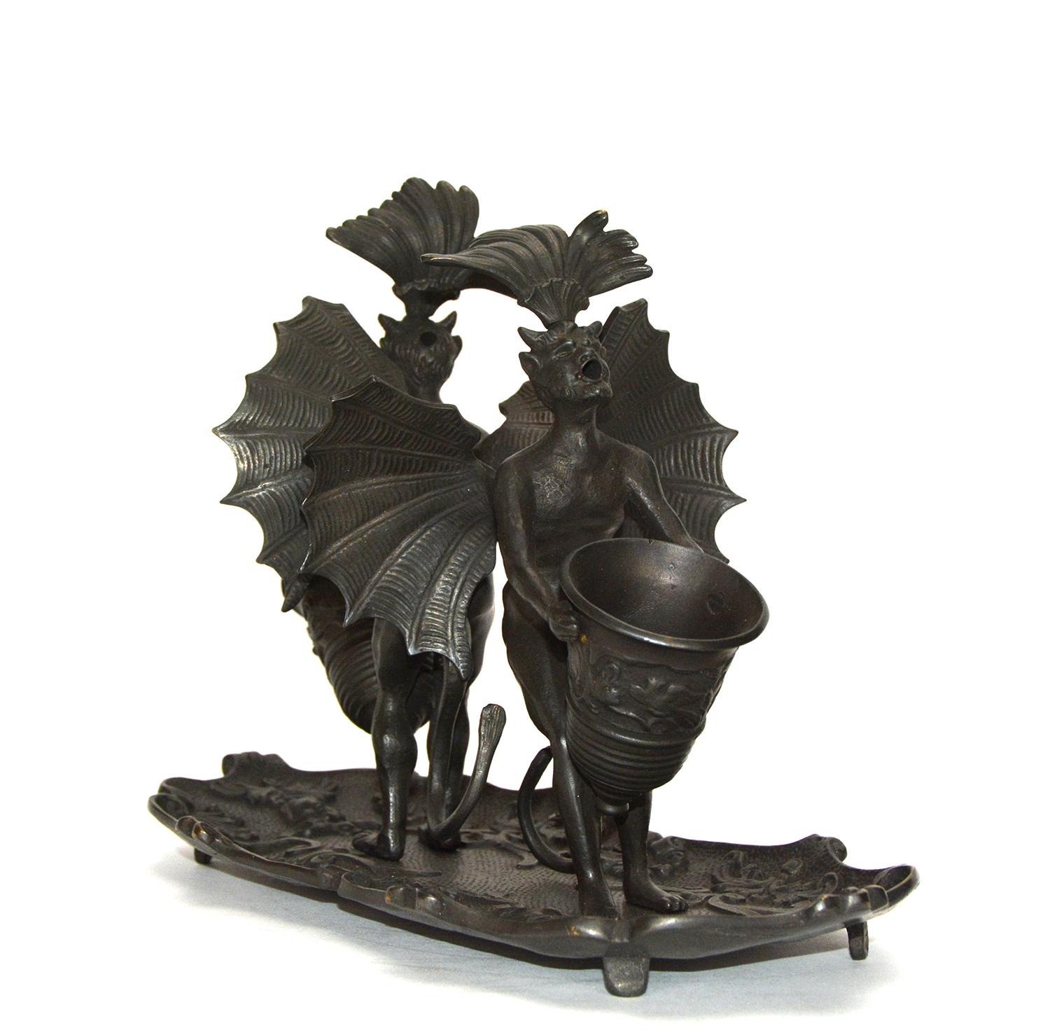 Austrian Massive Vienna Bronze Double Devil Figure Match Holder with Tray For Sale