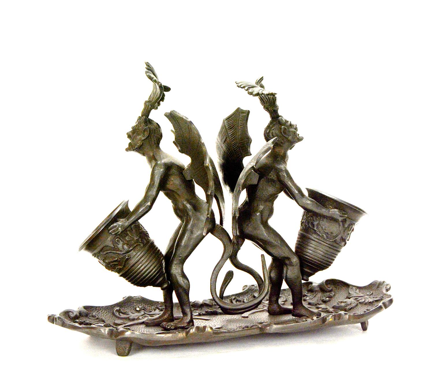 Austrian Massive Vienna Bronze Double Devil Figure Match Holder with Tray For Sale