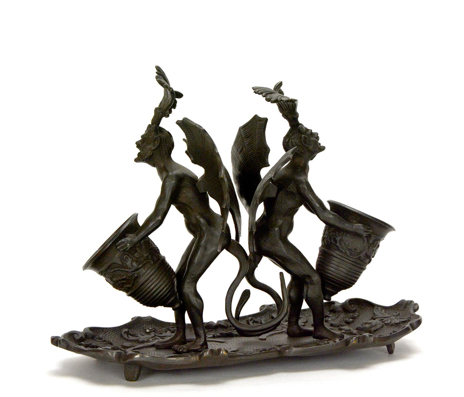 Massive Vienna Bronze Double Devil Figure Match Holder with Tray In Good Condition For Sale In Danville, CA