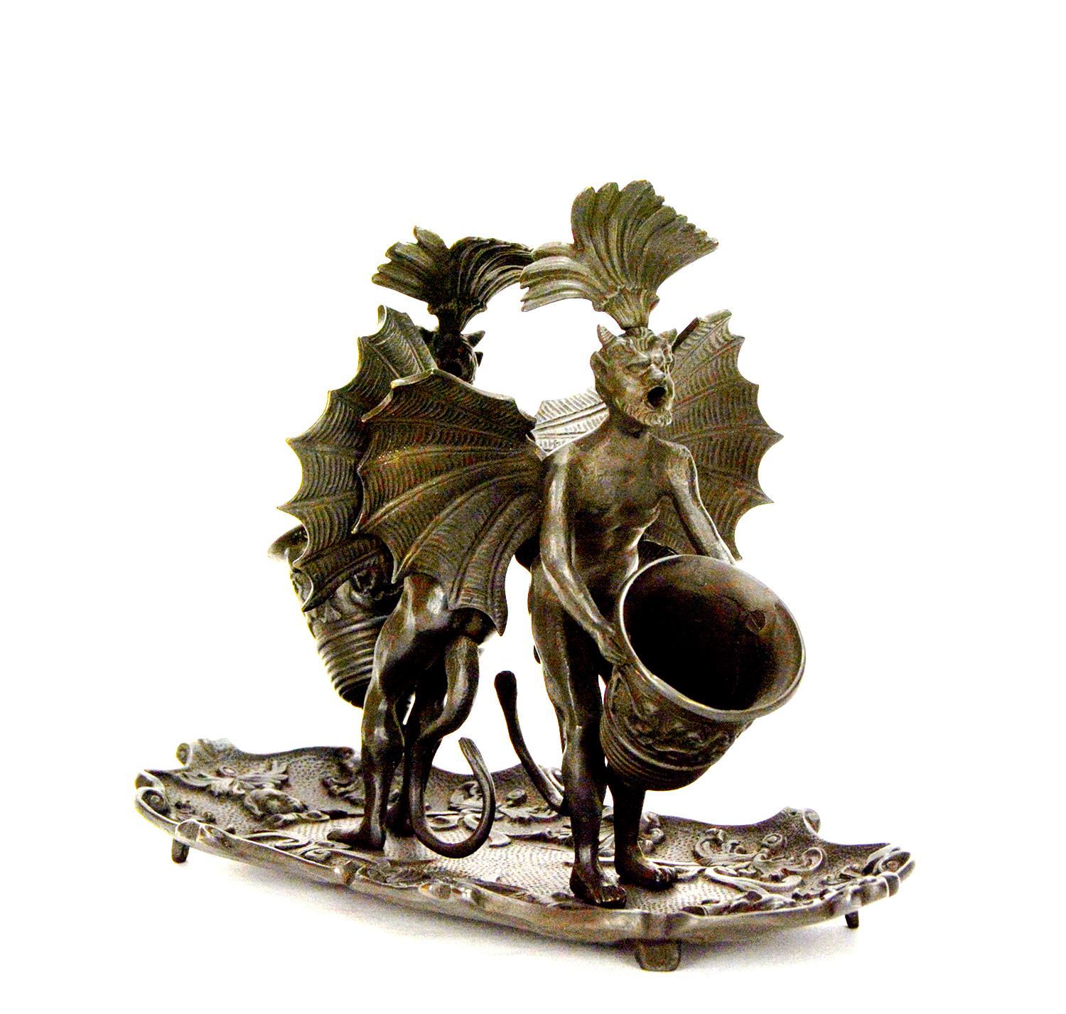 Massive Vienna Bronze Double Devil Figure Match Holder with Tray In Excellent Condition For Sale In Danville, CA