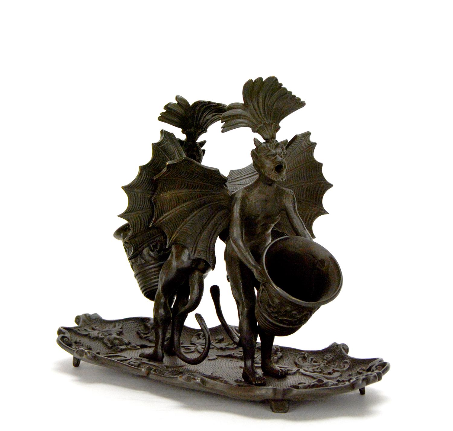 20th Century Massive Vienna Bronze Double Devil Figure Match Holder with Tray For Sale