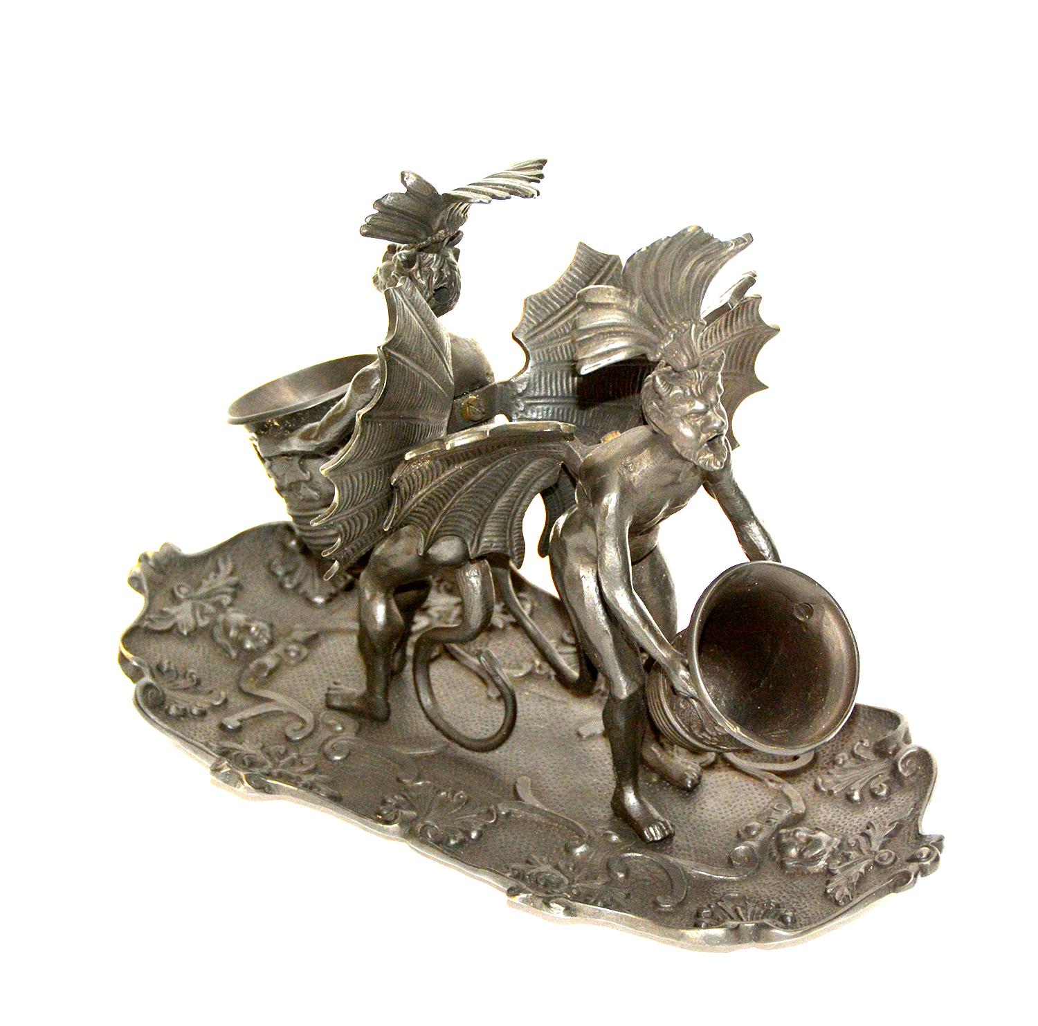 20th Century Massive Vienna Bronze Double Devil Figure Match Holder with Tray For Sale
