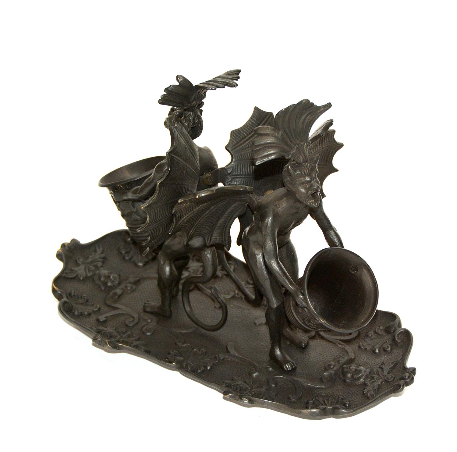Massive Vienna Bronze Double Devil Figure Match Holder with Tray For Sale 1