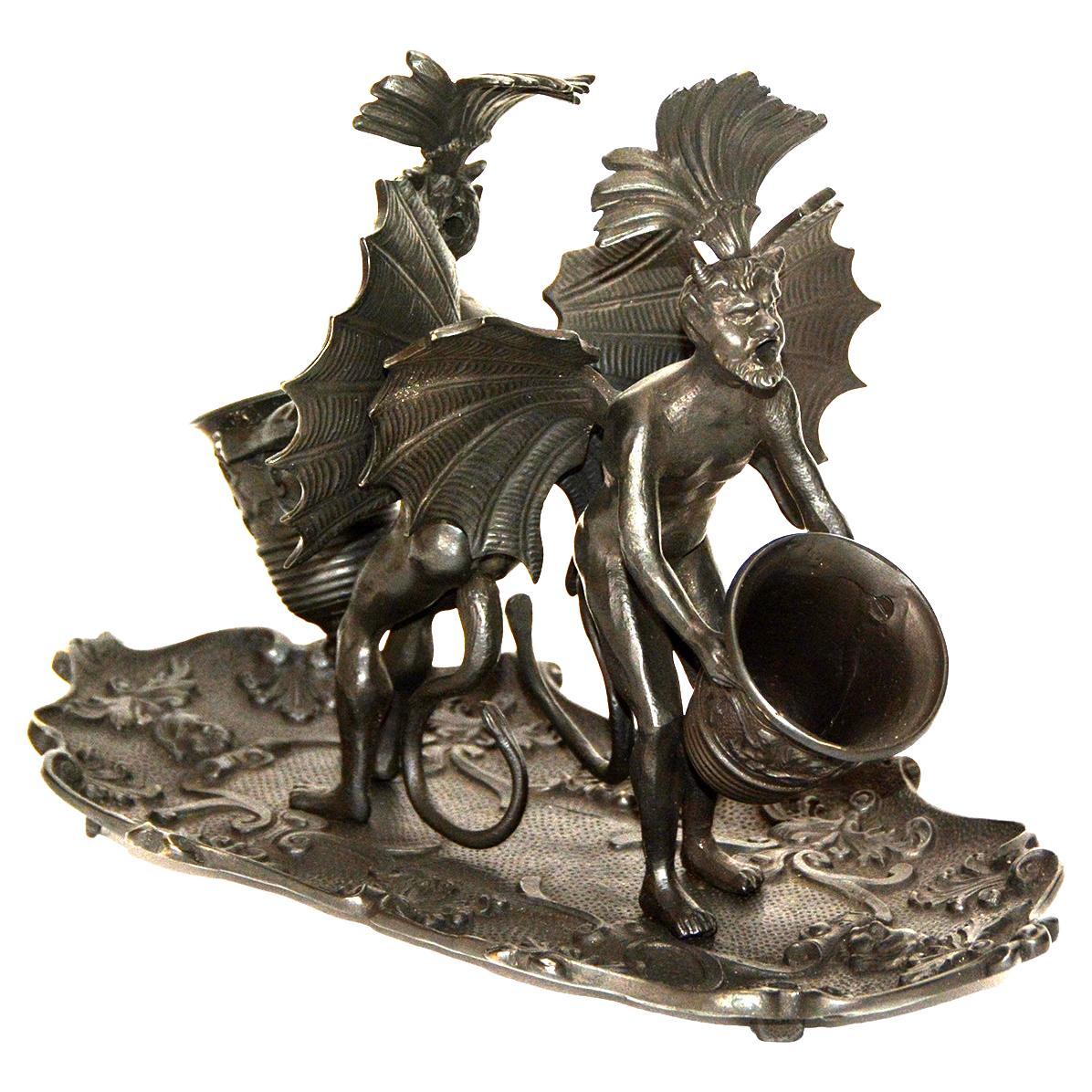 Massive Vienna Bronze Double Devil Figure Match Holder with Tray For Sale