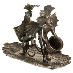 Antique Massive Vienna Bronze Double Devil Figure Match Holder with Tray