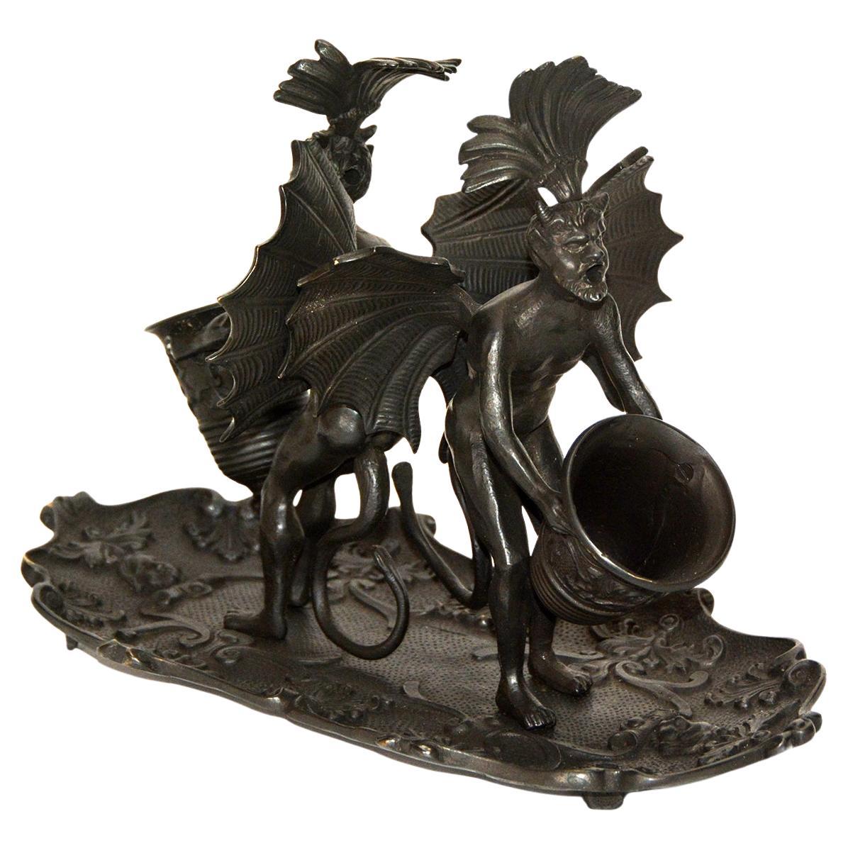 Massive Vienna Bronze Double Devil Figure Match Holder with Tray For Sale