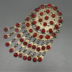MASSIVE Vintage Central Asia Pin Brooch Silver Glass Ethnic Jewelry
