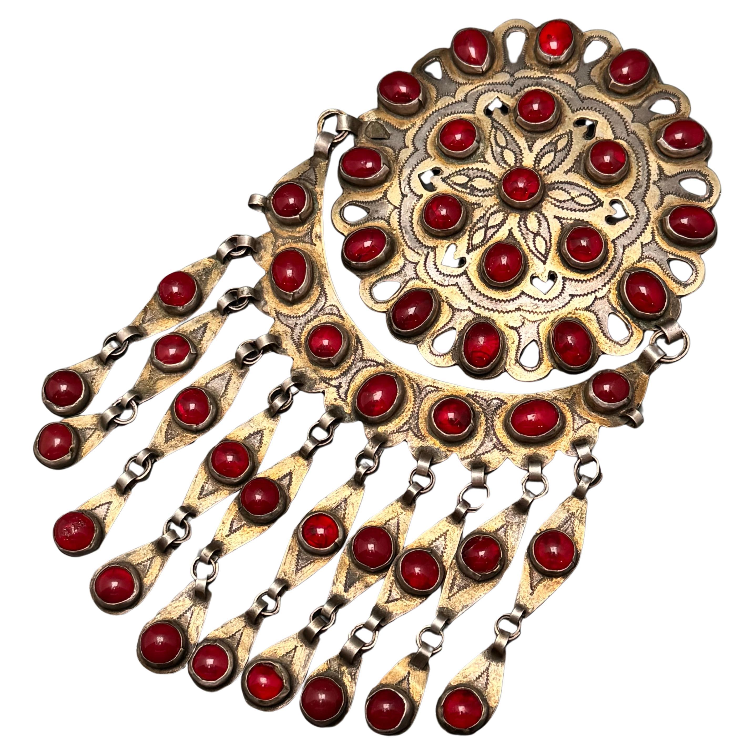 MASSIVE Broche vintage d'Asie centrale en argent et verre, bijou ethnique