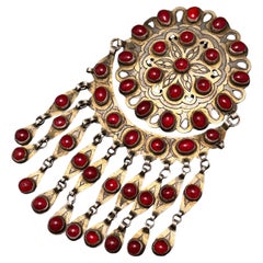 MASSIVE Vintage Central Asia Pin Brooch Silver Glass Ethnic Jewelry