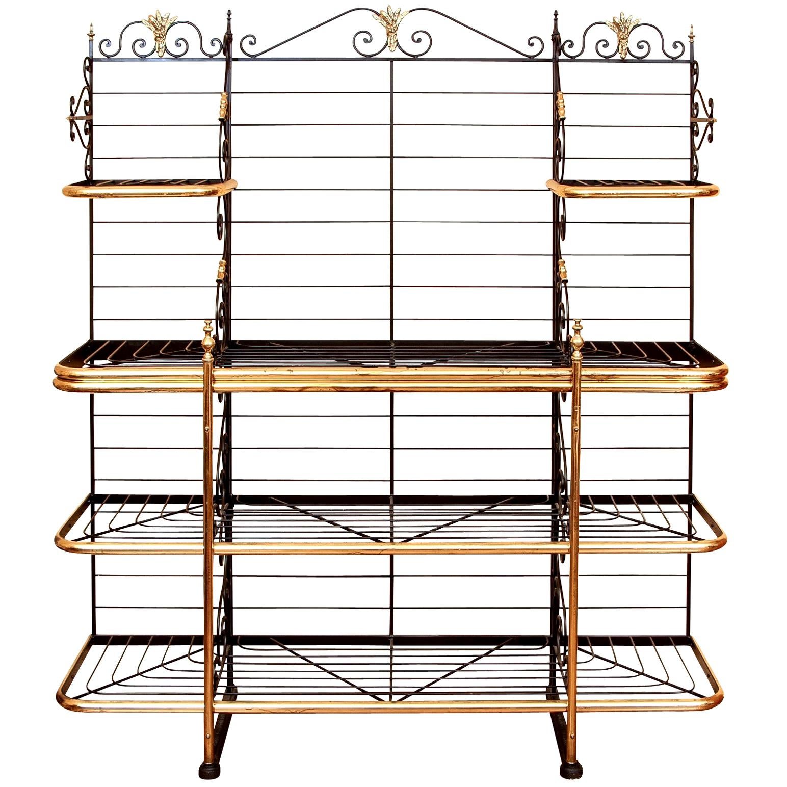 Massive Vintage French Iron and Brass Baker's Rack