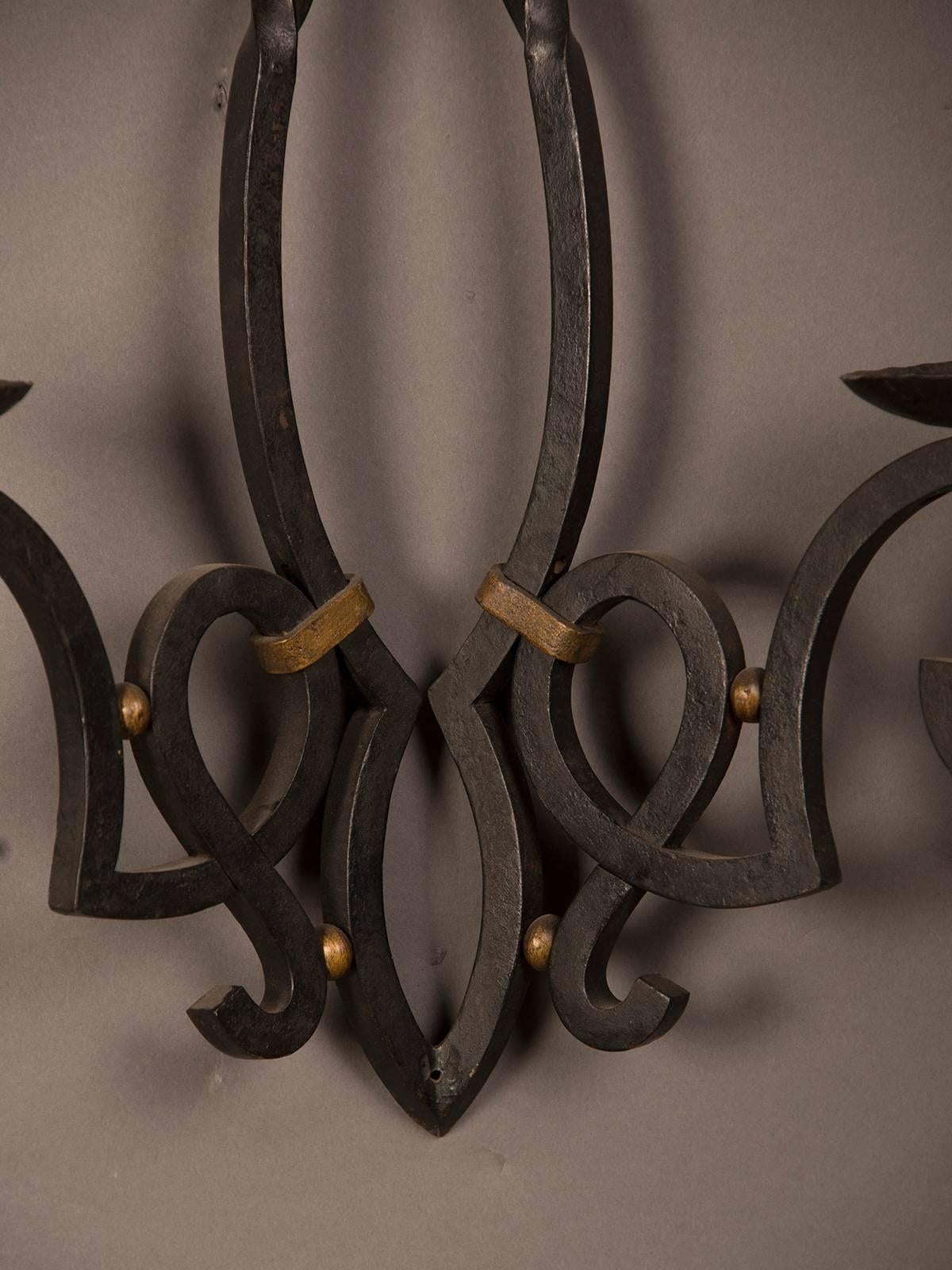 Massive Vintage French Iron Two Candle Arm Sconce from France, circa 1940 In Excellent Condition For Sale In Houston, TX
