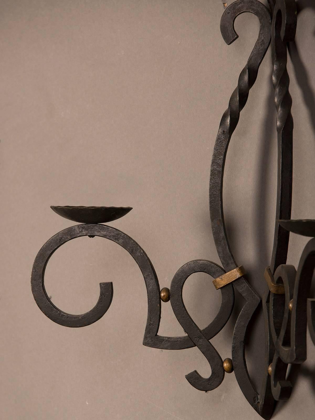 Mid-20th Century Massive Vintage French Iron Two Candle Arm Sconce from France, circa 1940 For Sale