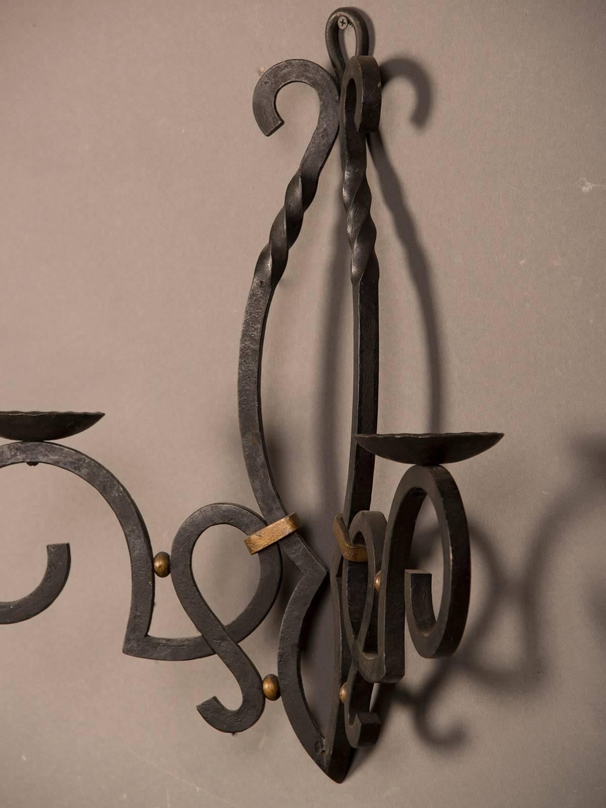 Massive Vintage French Iron Two Candle Arm Sconce from France, circa 1940 For Sale 1