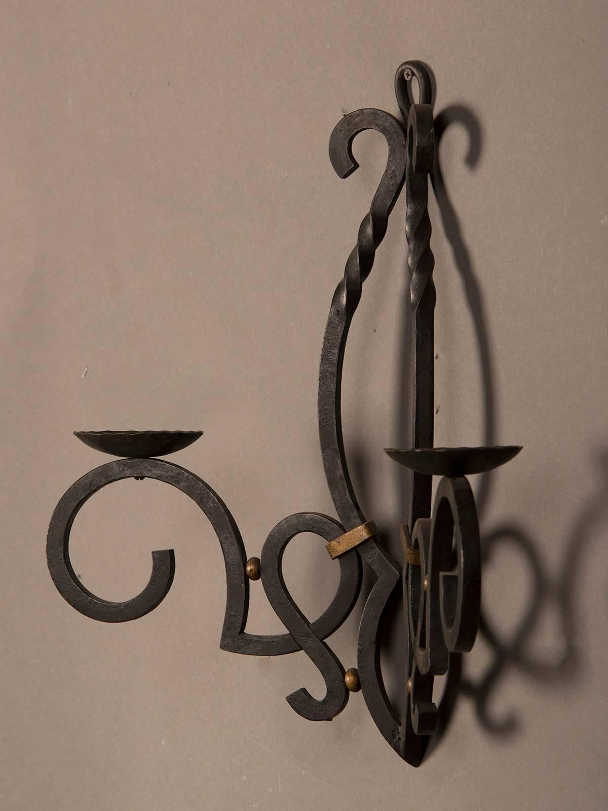 Massive Vintage French Iron Two Candle Arm Sconce from France, circa 1940 For Sale 2