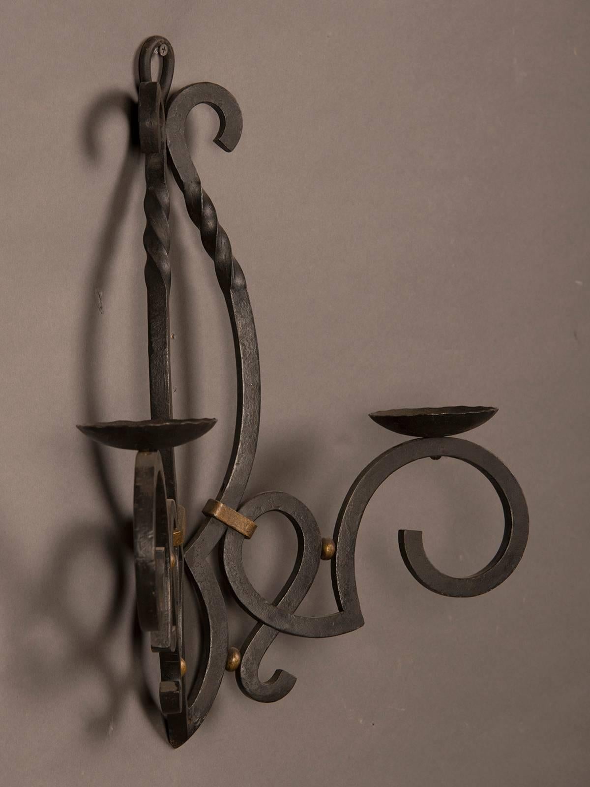 Massive Vintage French Iron Two Candle Arm Sconce from France, circa 1940 For Sale 3
