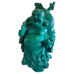 Grande sculpture en résine verte « Bouddha heureux » vintage