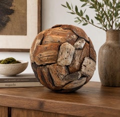 Massive Vintage Organic Modern Salvaged Teak Wood Sphere Sculpture, 13 Inches