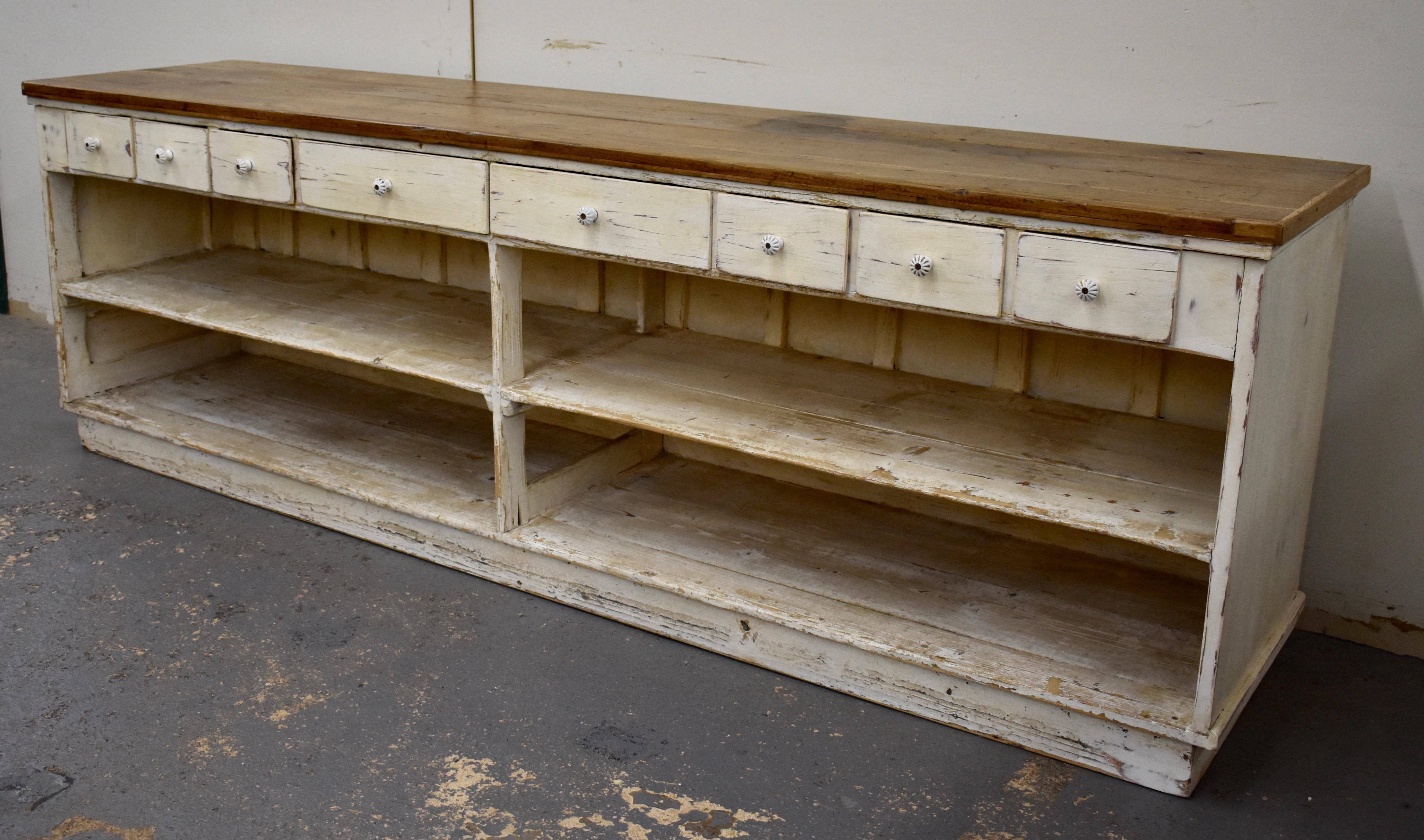 Hungarian Massive Vintage Painted Pine and Oak Store Counter