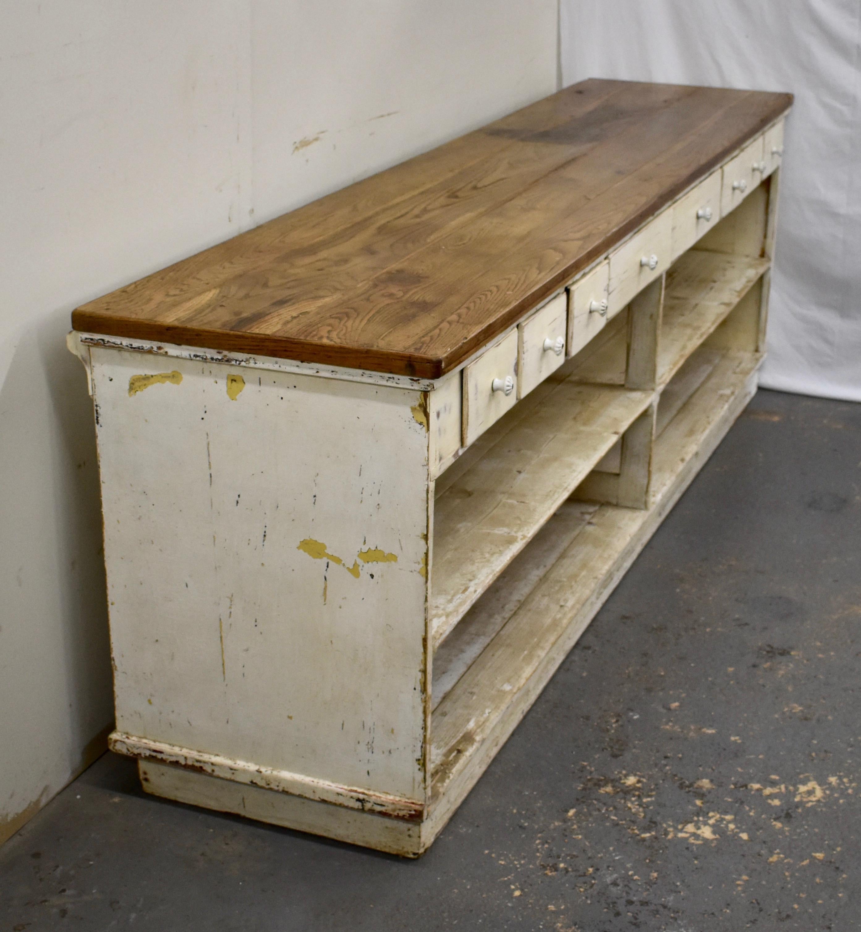 Massive Vintage Painted Pine and Oak Store Counter In Good Condition In Baltimore, MD