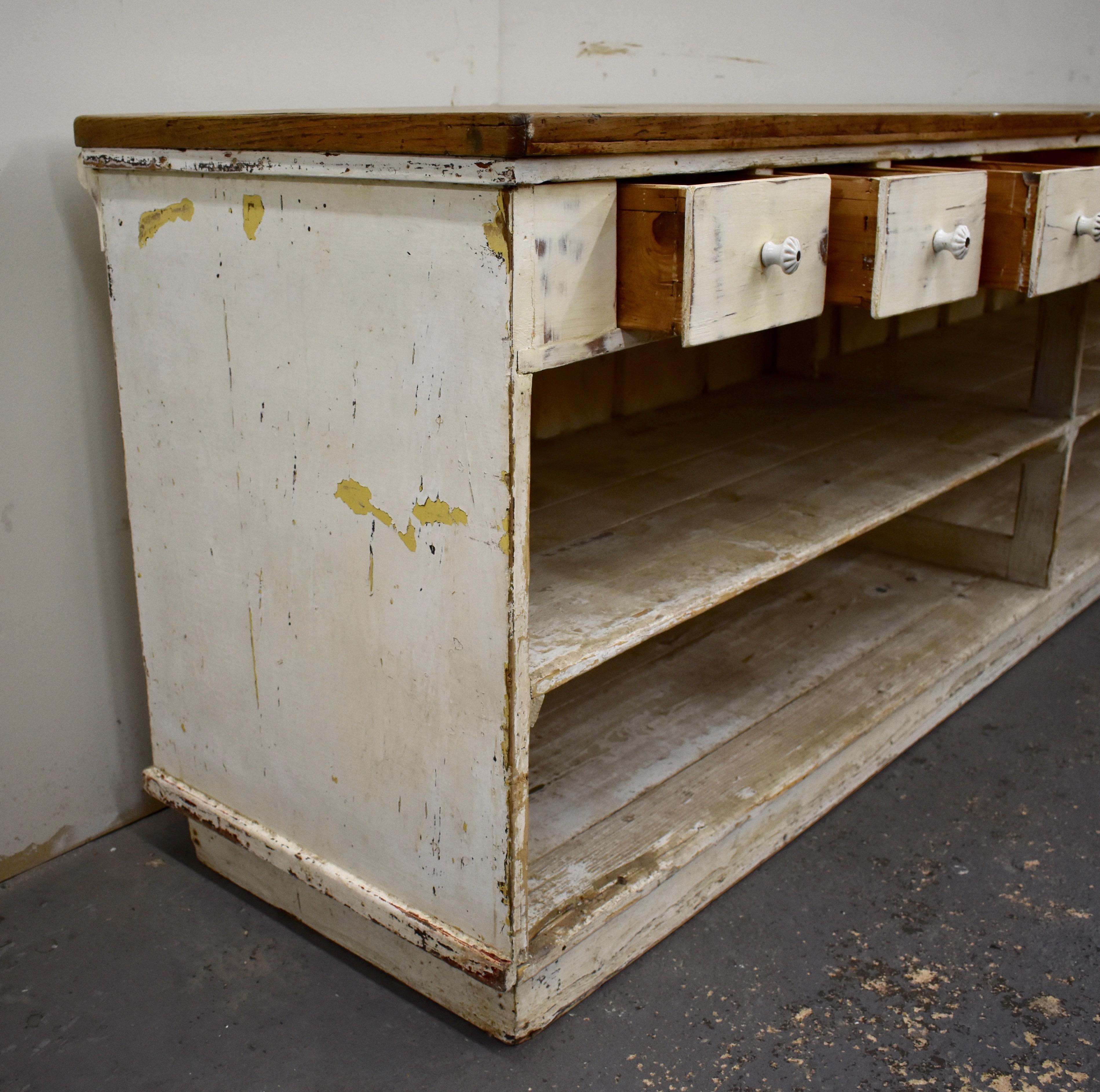 Massive Vintage Painted Pine and Oak Store Counter 2