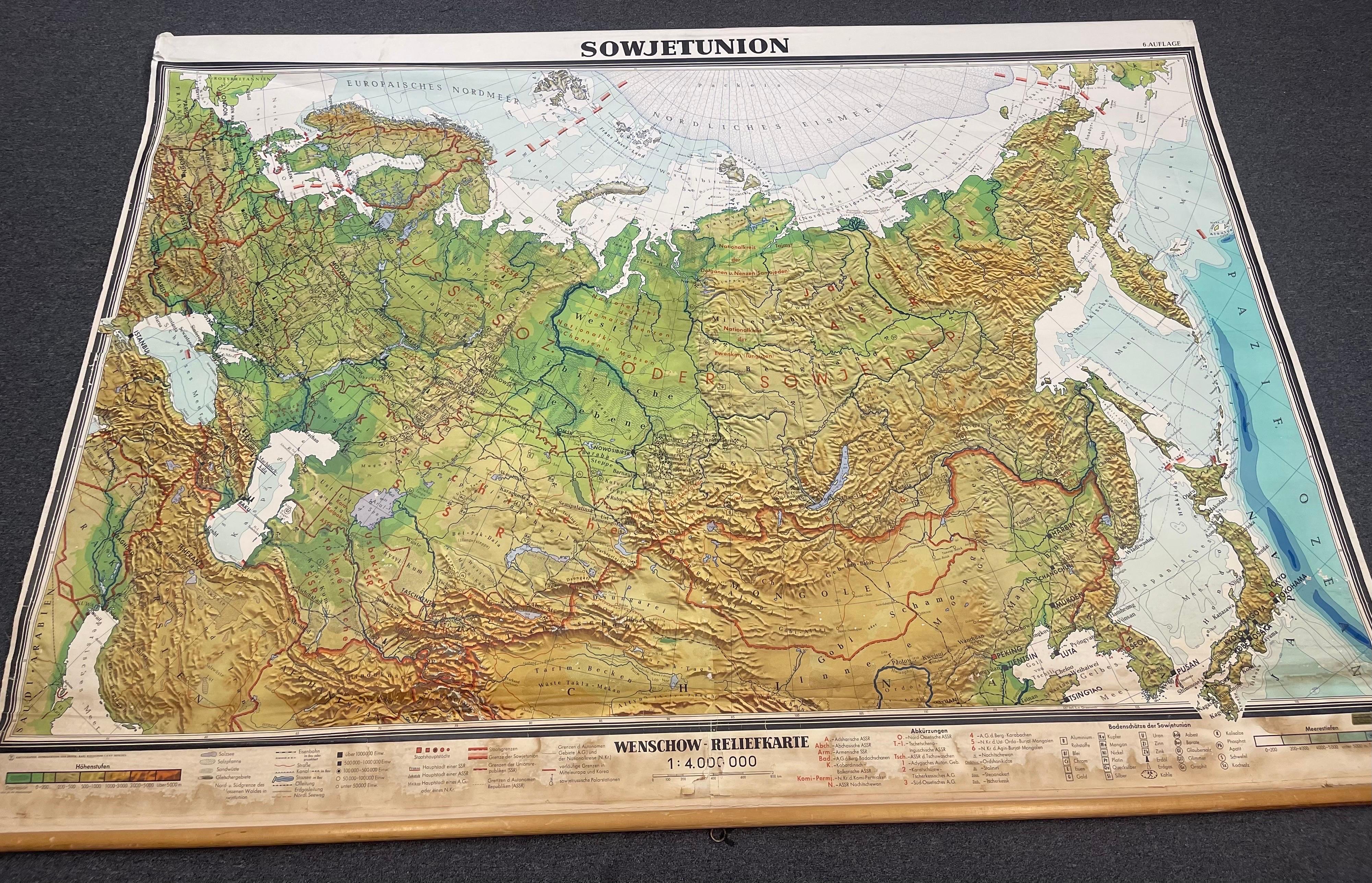 A massive vintage wall map of the Soviet Union (Sowjetunion) published by Karl Wenschow in Munich, Germany, circa 1950s. The map was distributed by Denoyer-Geppert and measures 96
