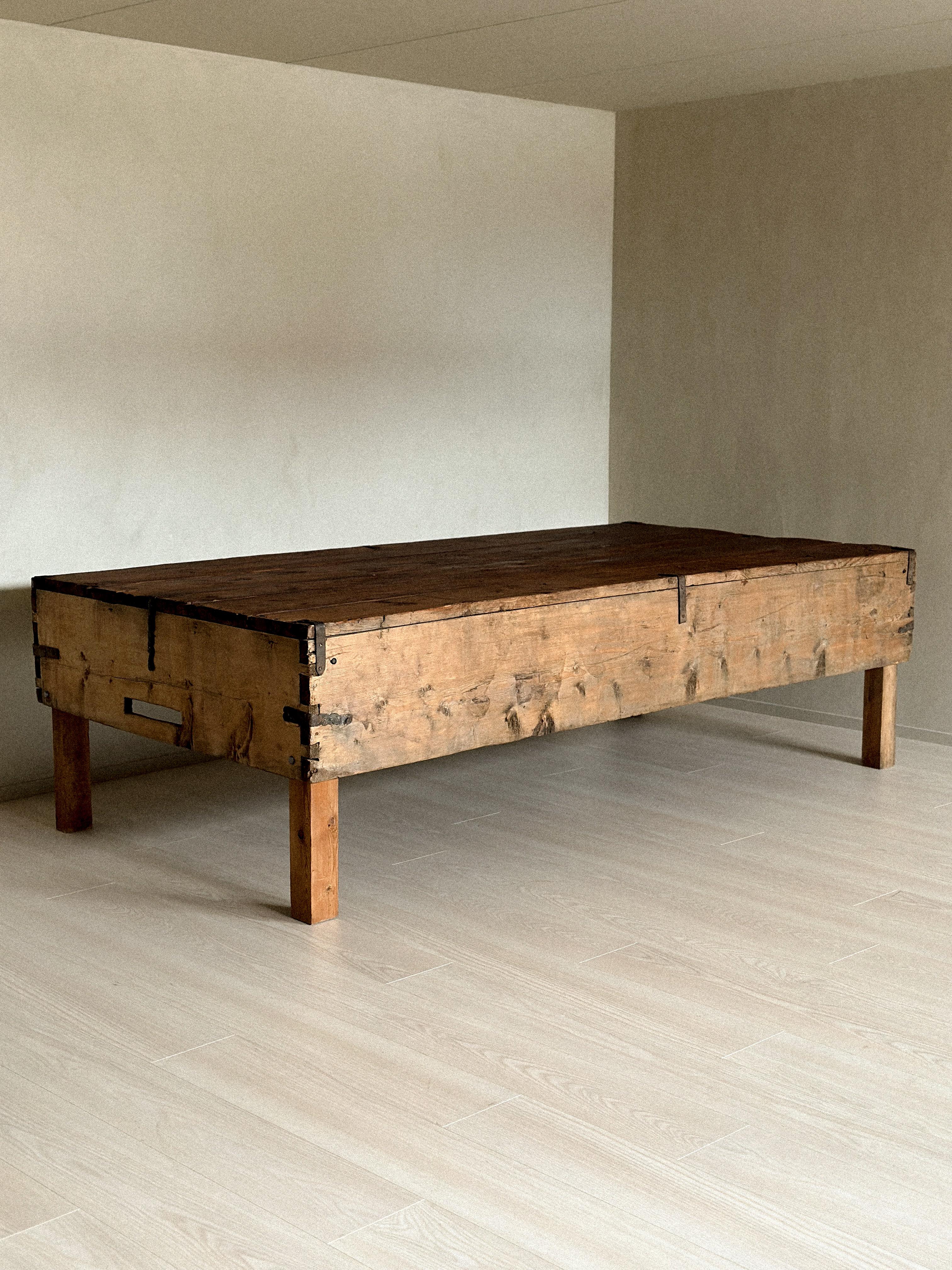 A unique massive Wabi Sabi console, Norway, c. 1800s.
Originally used as a grain chest. Refinished top, with visible wear and patina consistent with age and use.