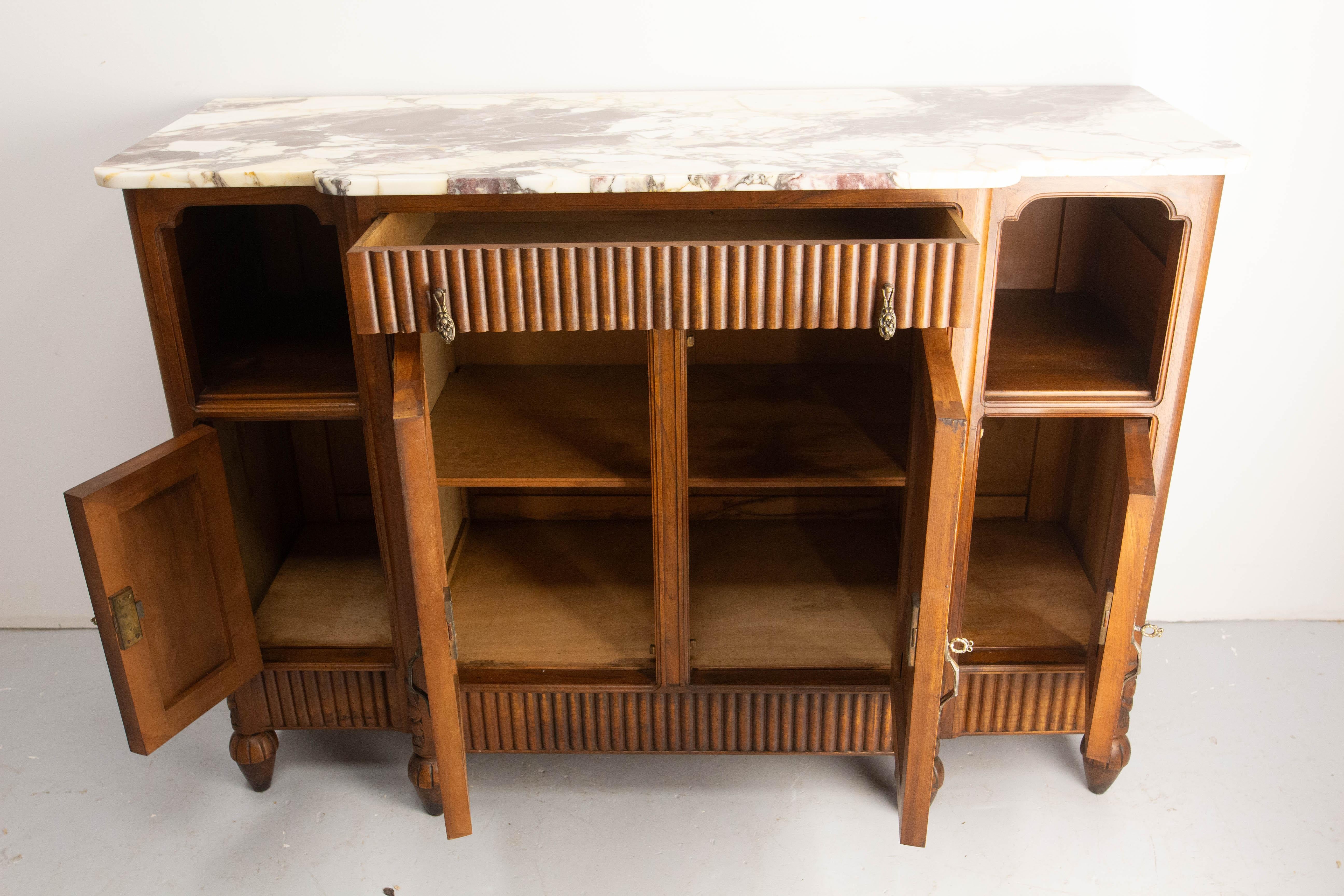 Massive Walnut and Calacatta Marble Top Credenza Sideboard French Buffet, c 1920 For Sale 8