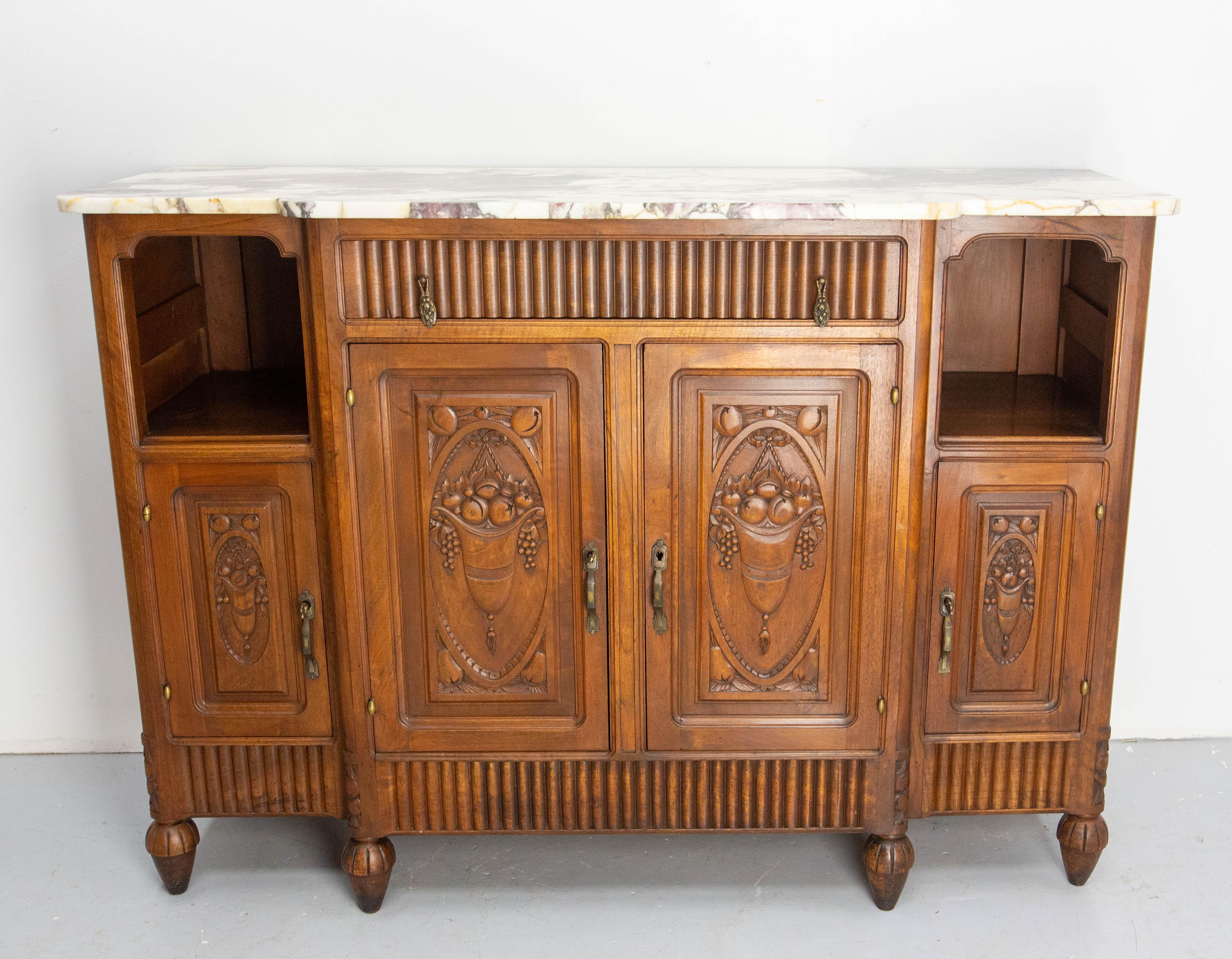 Massive Walnut and Calacatta Marble Top Credenza Sideboard French Buffet, c 1920 In Good Condition For Sale In Labrit, Landes