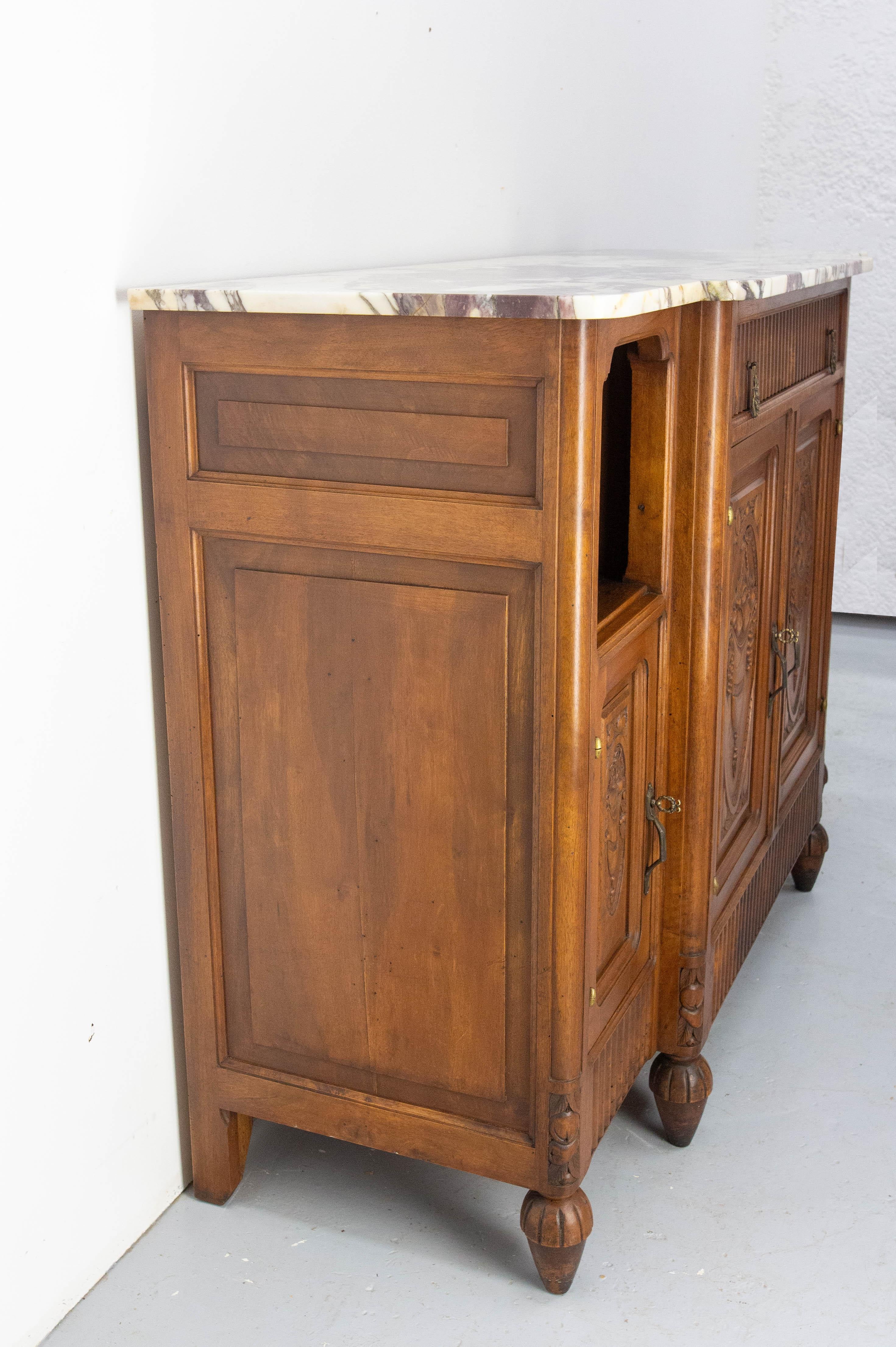 20th Century Massive Walnut and Calacatta Marble Top Credenza Sideboard French Buffet, c 1920 For Sale