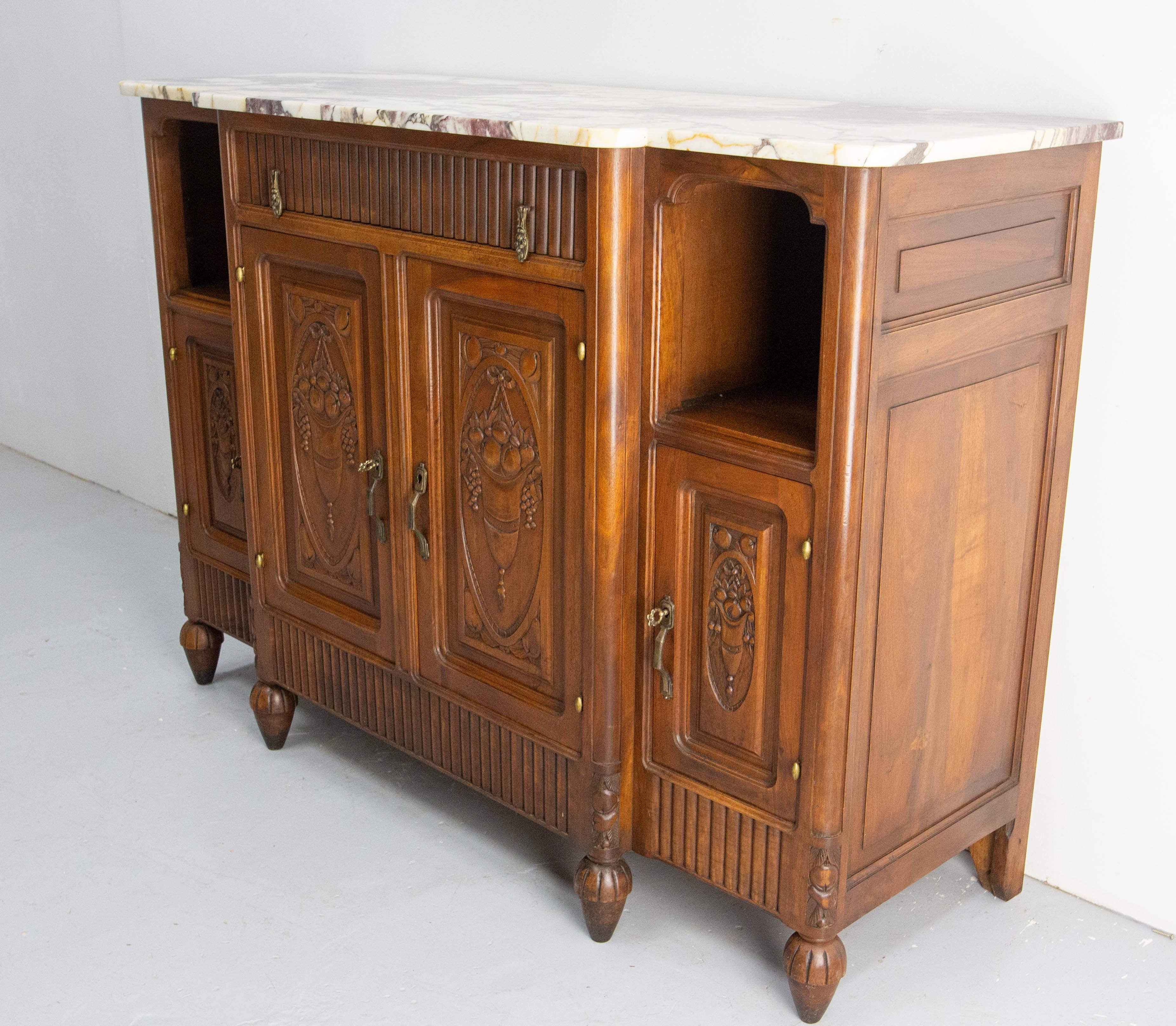 Brass Massive Walnut and Calacatta Marble Top Credenza Sideboard French Buffet, c 1920 For Sale