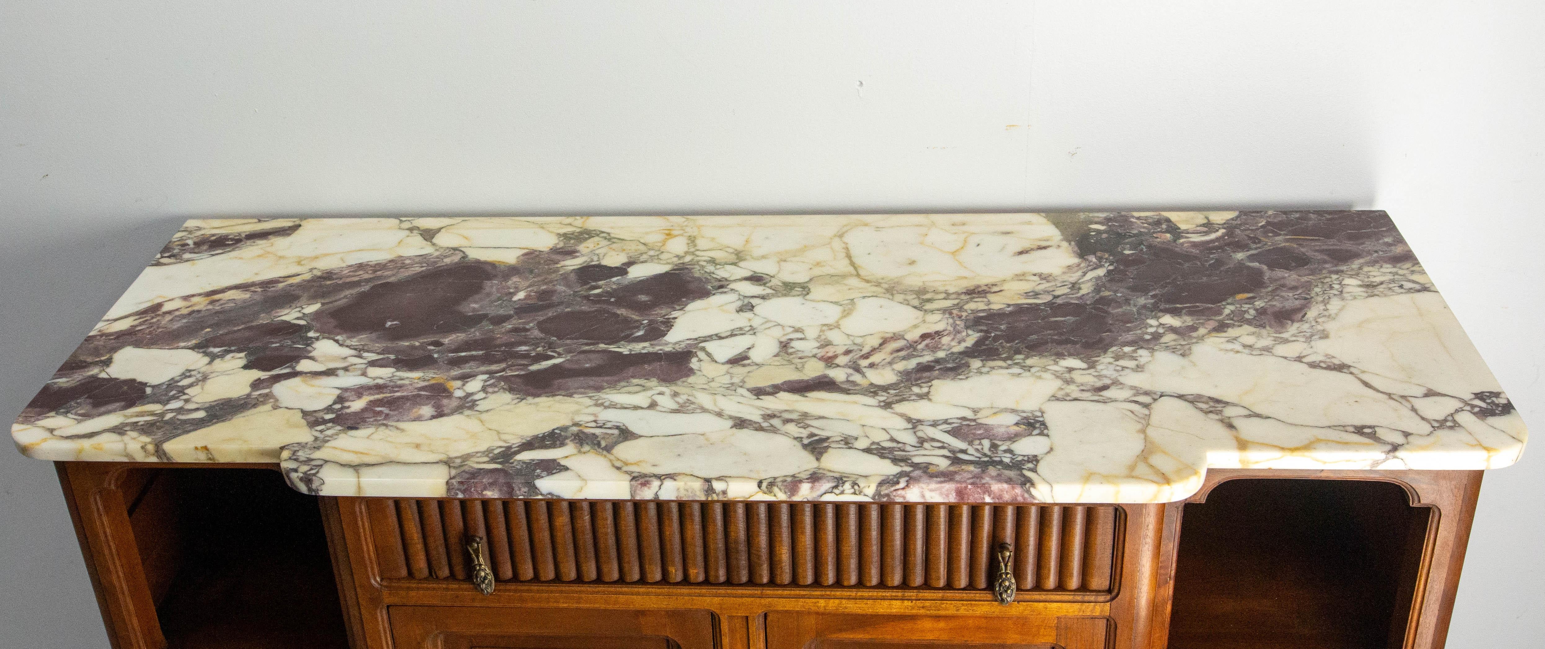 Massive Walnut and Calacatta Marble Top Credenza Sideboard French Buffet, c 1920 For Sale 1