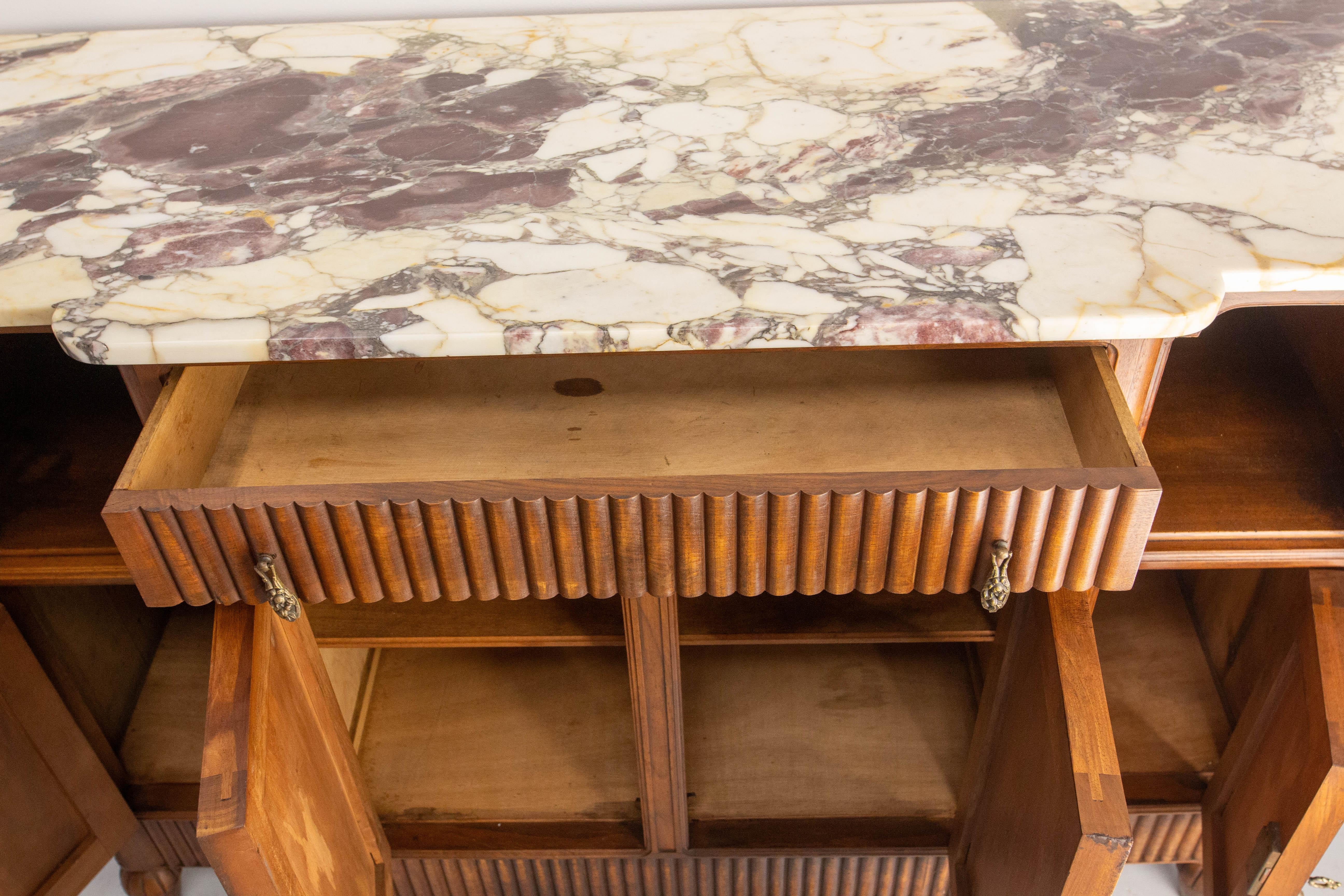 Massive Walnut and Calacatta Marble Top Credenza Sideboard French Buffet, c 1920 For Sale 2