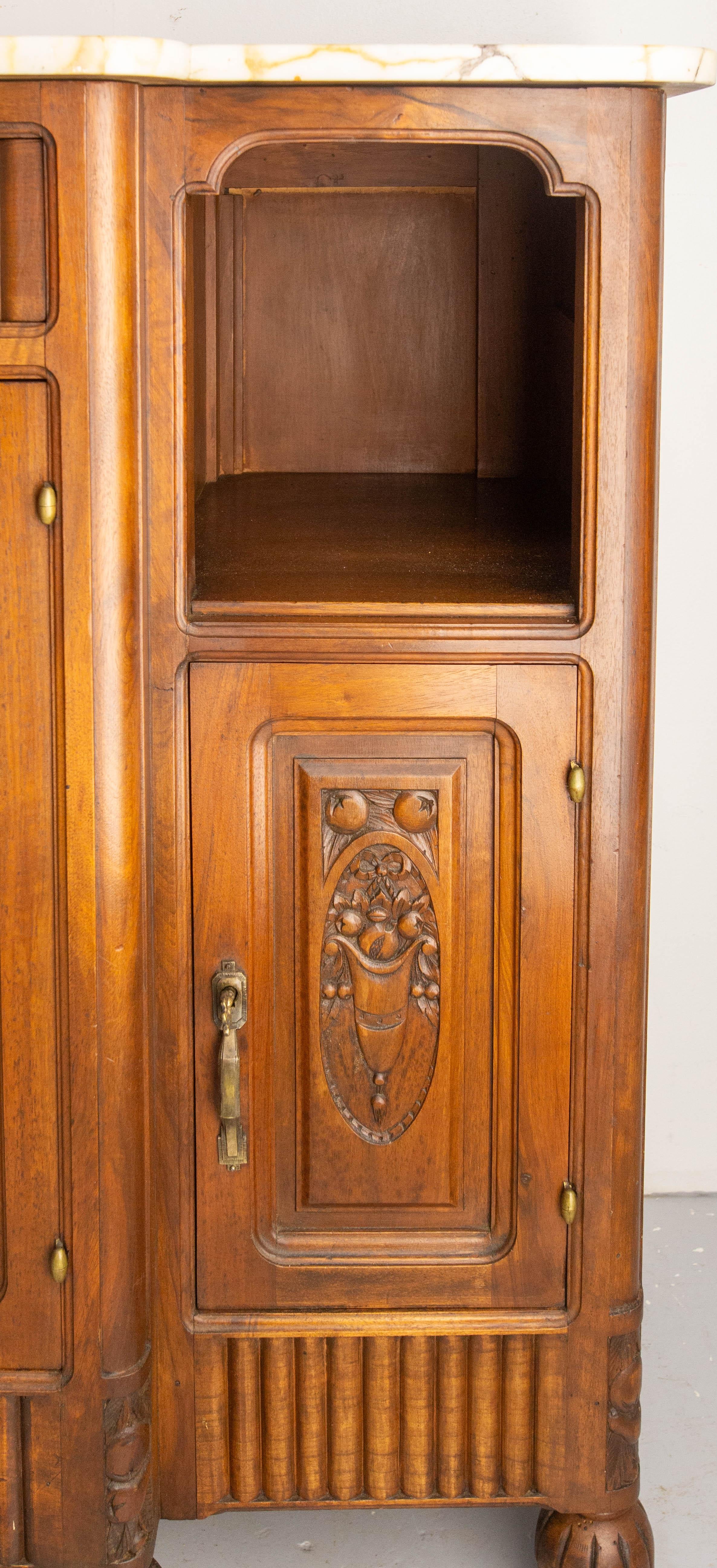 Massive Walnut and Calacatta Marble Top Credenza Sideboard French Buffet, c 1920 For Sale 3