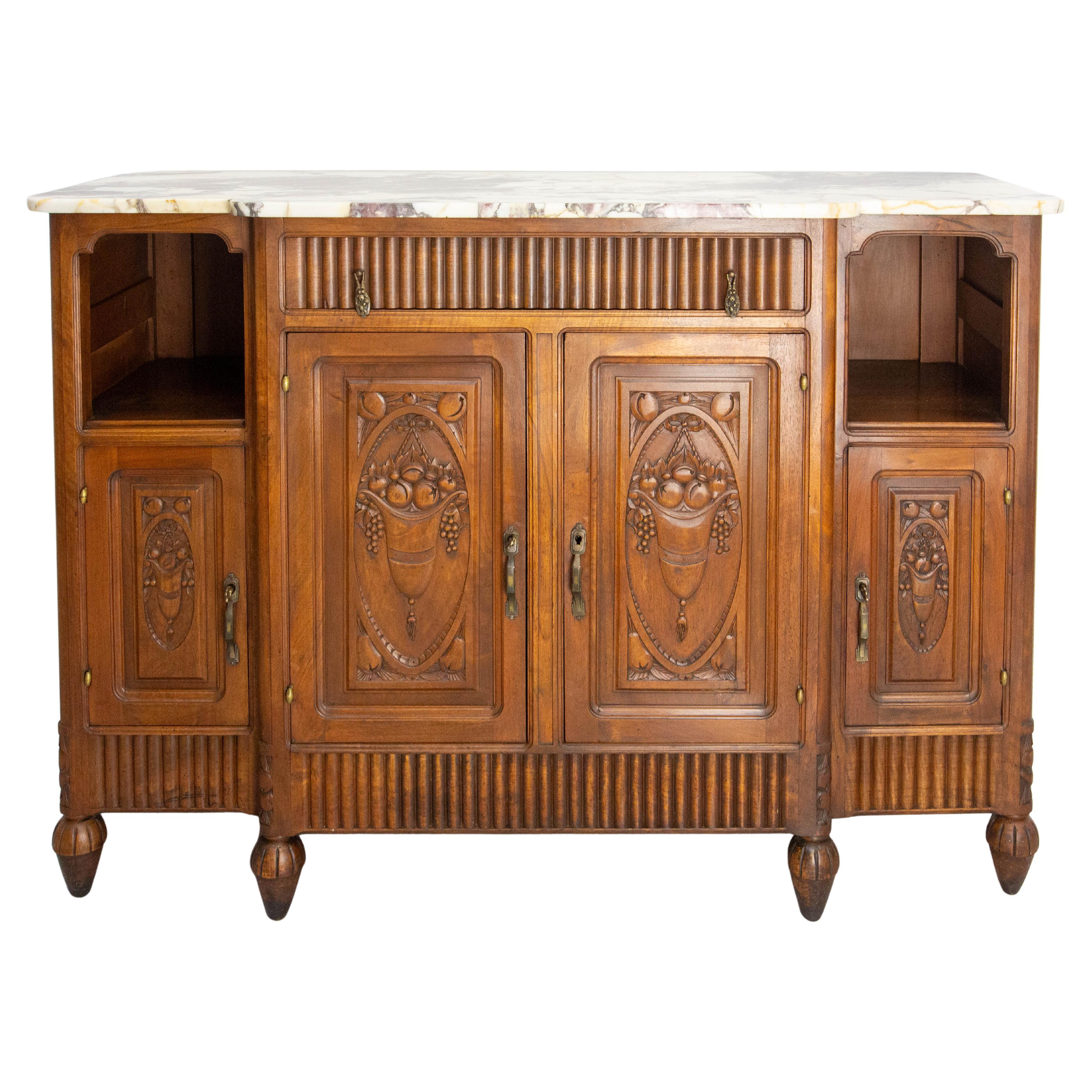 Buffet français à crédence en noyer et marbre de Calacatta, c.I.C.