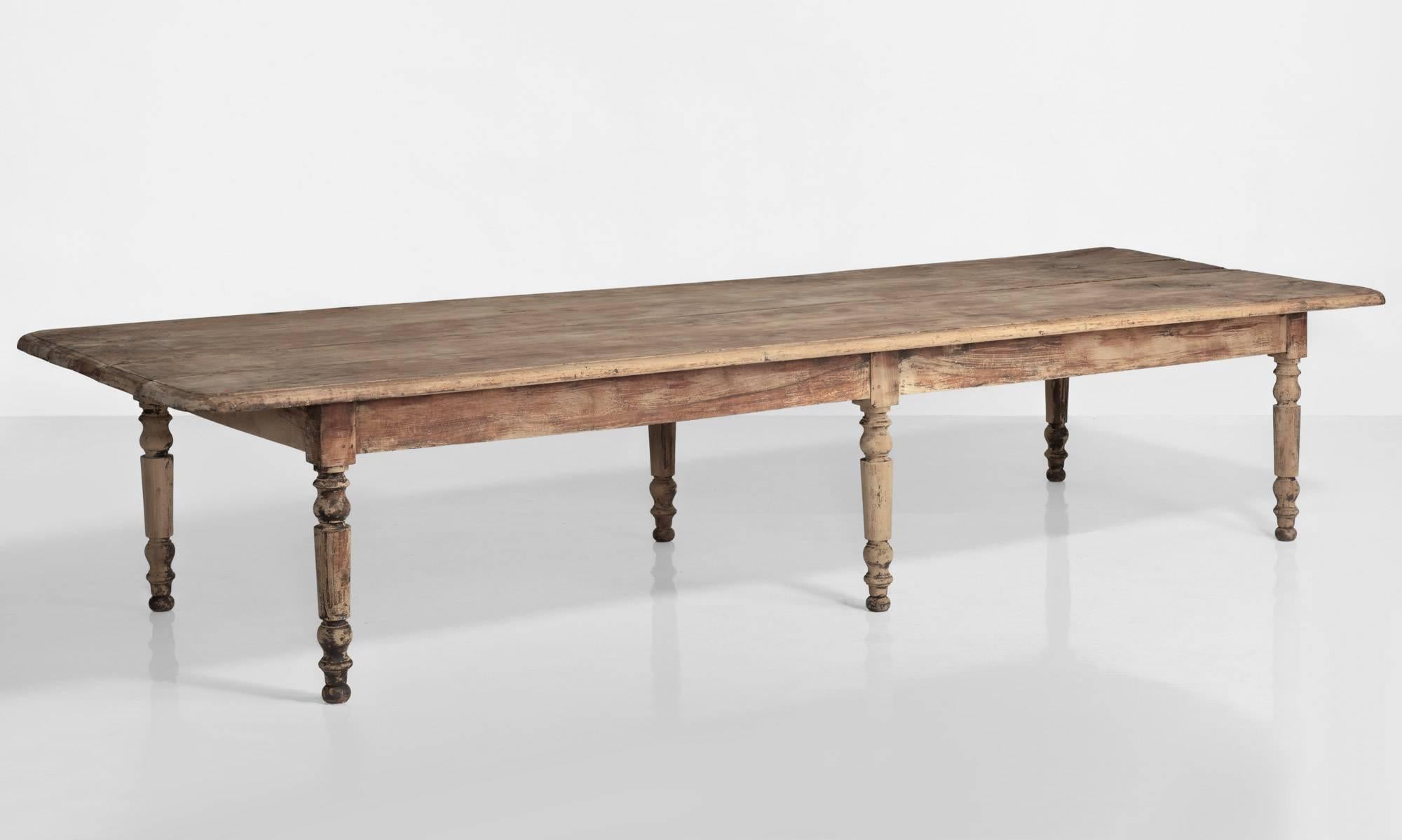 Massive walnut dining table, France, circa 1850.

Bleached walnut table with handsome turned legs.

Measures: 156” W x 53” D x 30.75” H

Overhang
12.5”

Apron
23.75” H.