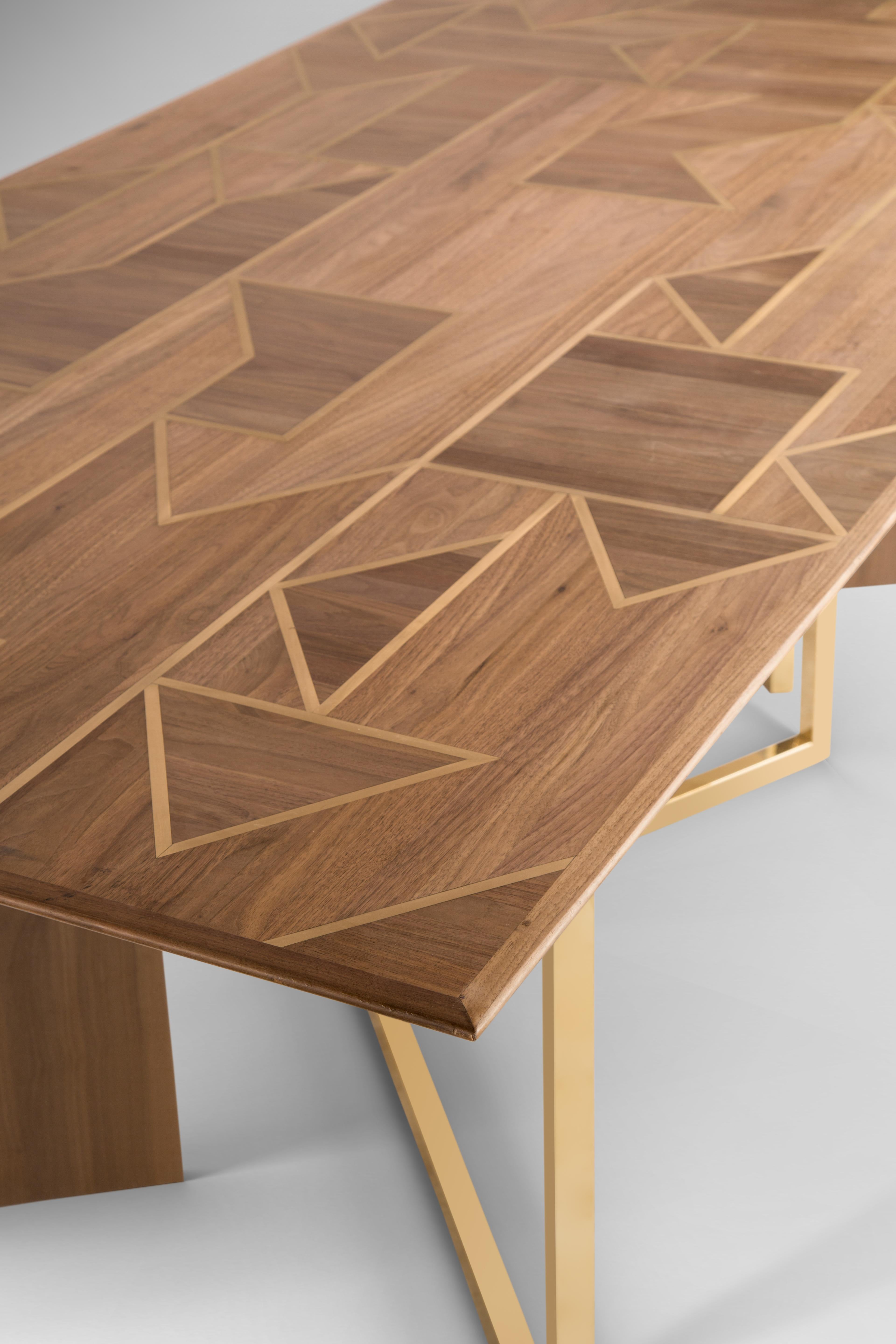 Modern Massive Walnut Dining Table Handcrafted with Geometric Brass Inlay and Legs For Sale
