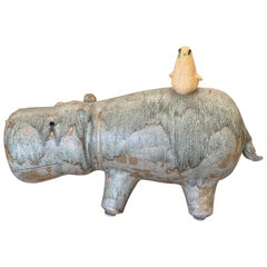 Massive Whimsical Pottery Hippo With Bird