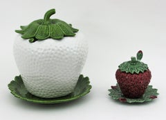 Massive White Strawberry Glazed Ceramic Tureen with Platter and Ladle