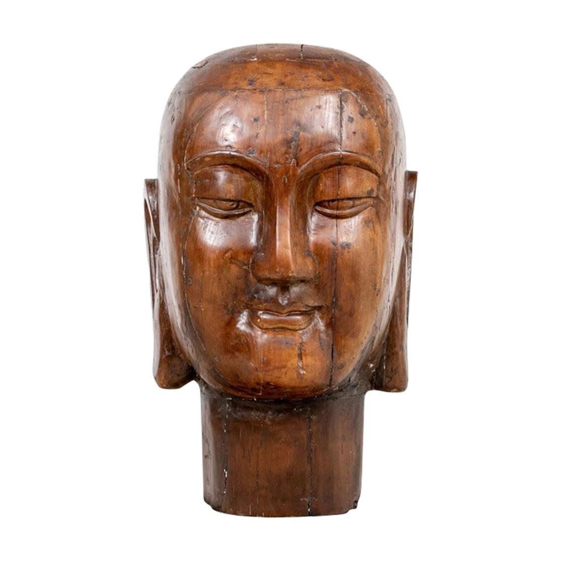 Massive Wood Bust of the Serene Buddha