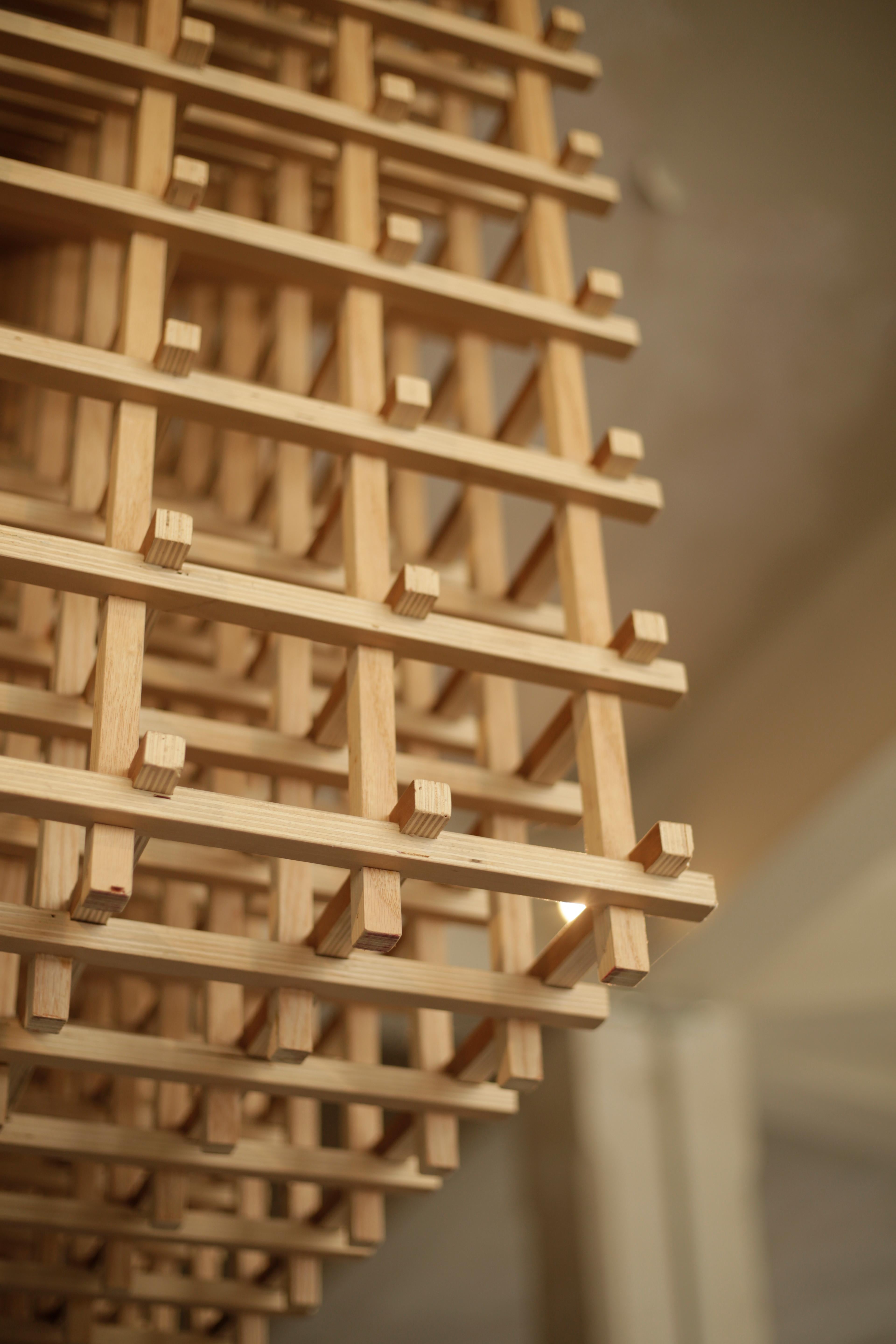 Plywood Massive Wooden Ceiling Pendant, Unique Design Piece For Sale